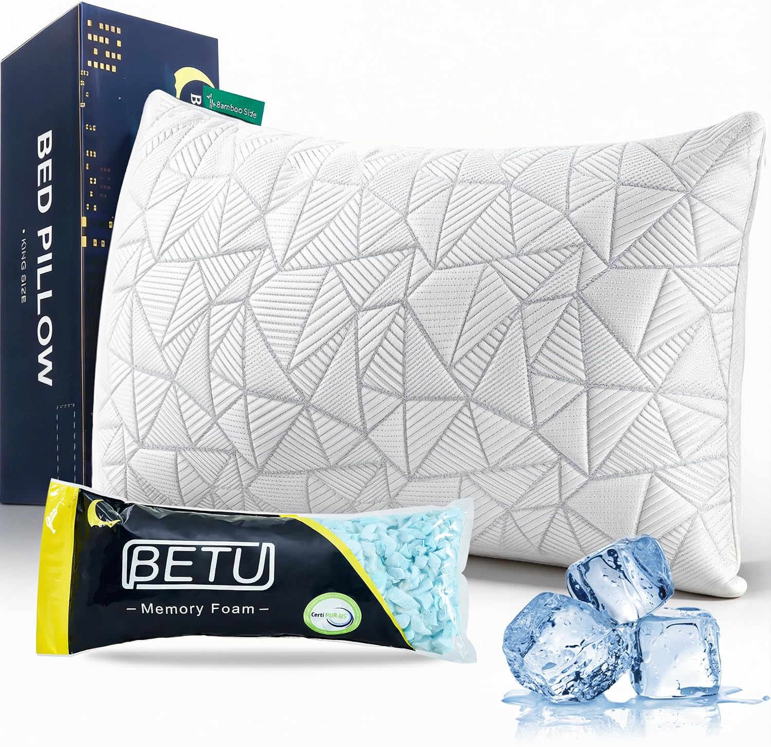 BETU Standard Pillow, Cooling Shredded Memory Foam Pillow for Hot Sleepers College Dorm Room Essentials, Adjustable Firm Gel Cool Pillow…