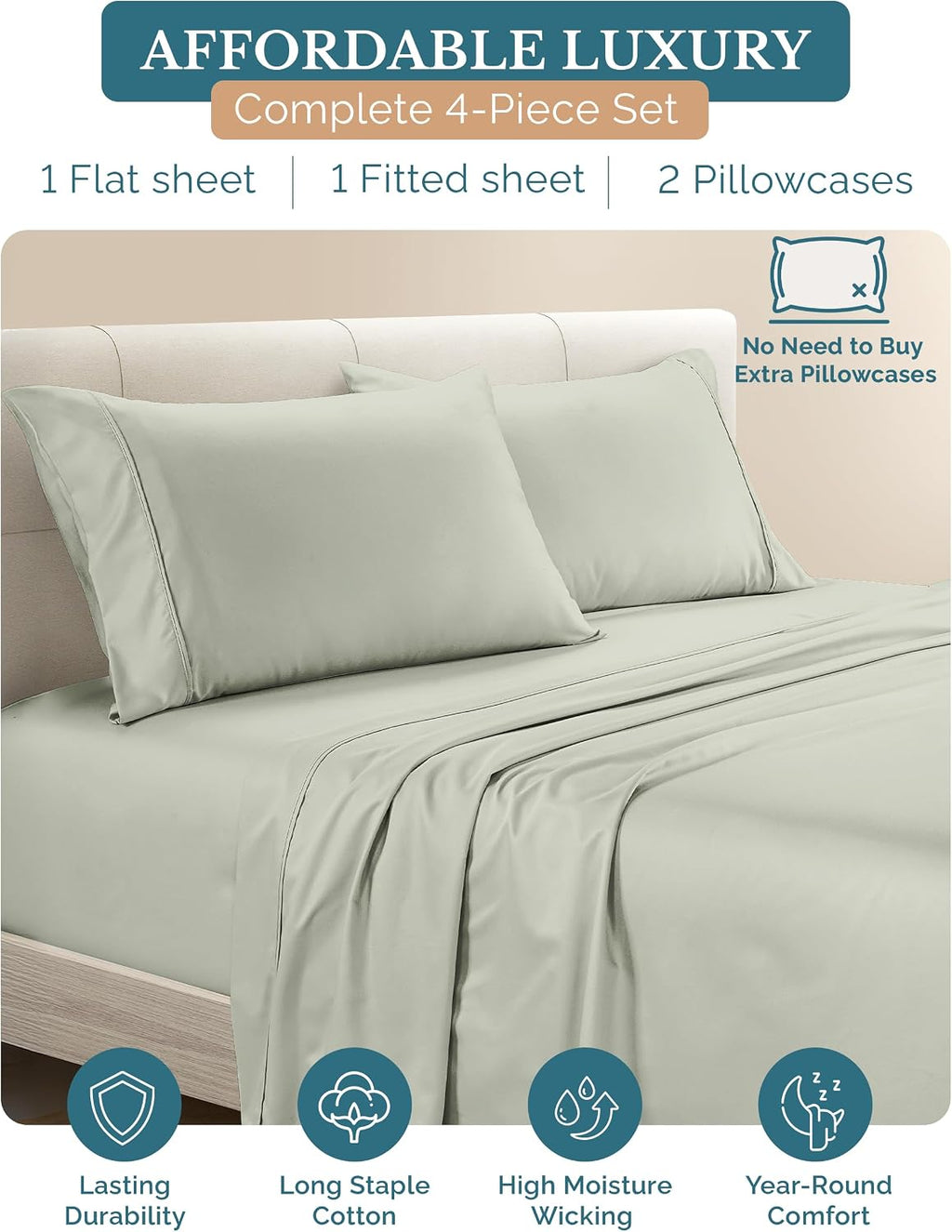 Casa Platino 4 Piece Twin Sheets Set, 100% Cotton with 500 Thread Count Silky Sateen Finish, Soft and Smooth Sheets Twin Size Bed Set, 15…