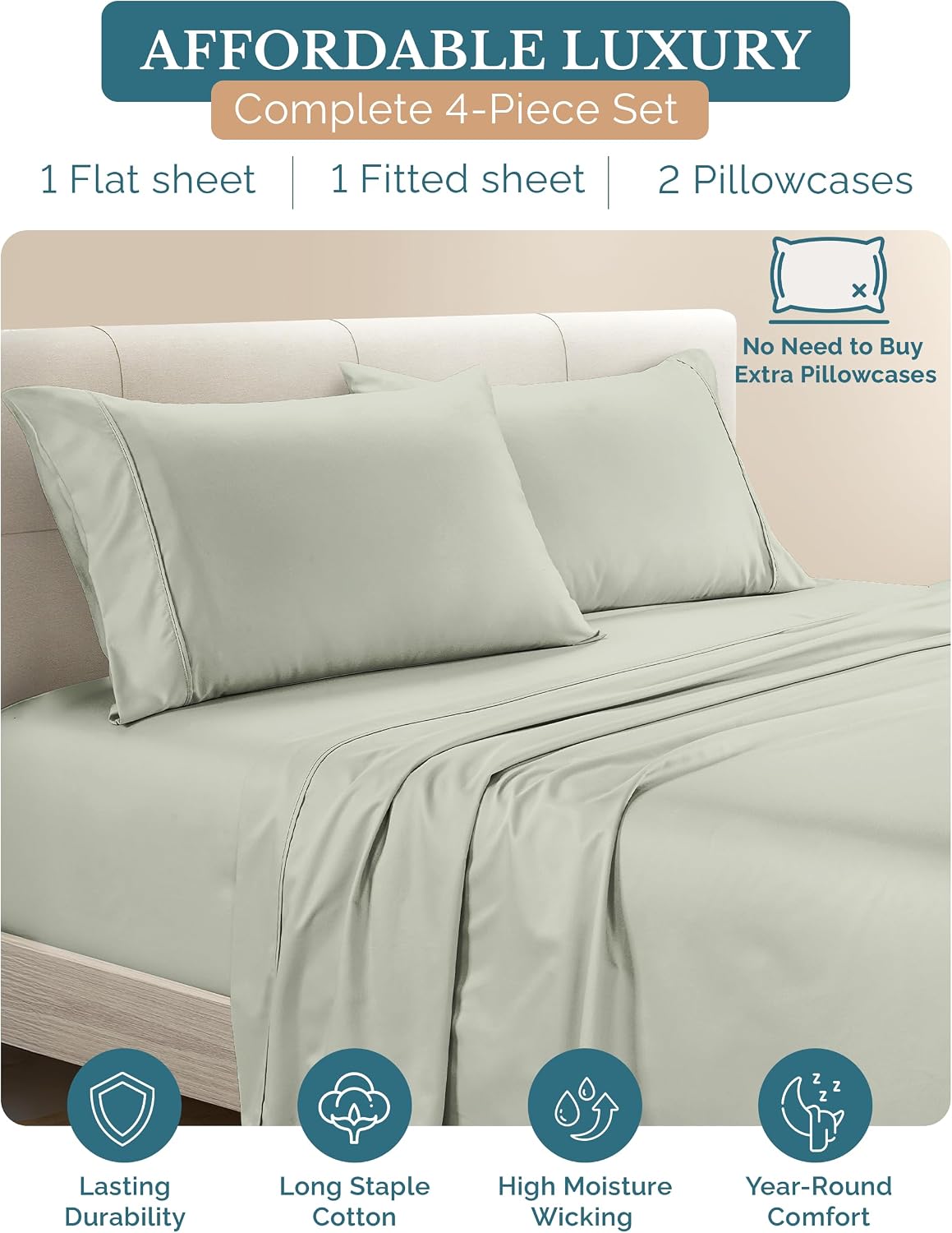 Casa Platino 4 Piece Twin XL Sheets Set, 100% Cotton with 500 Thread Count Silky Sateen Finish, Soft and Smooth Sheets Twin XL Size Bed…
