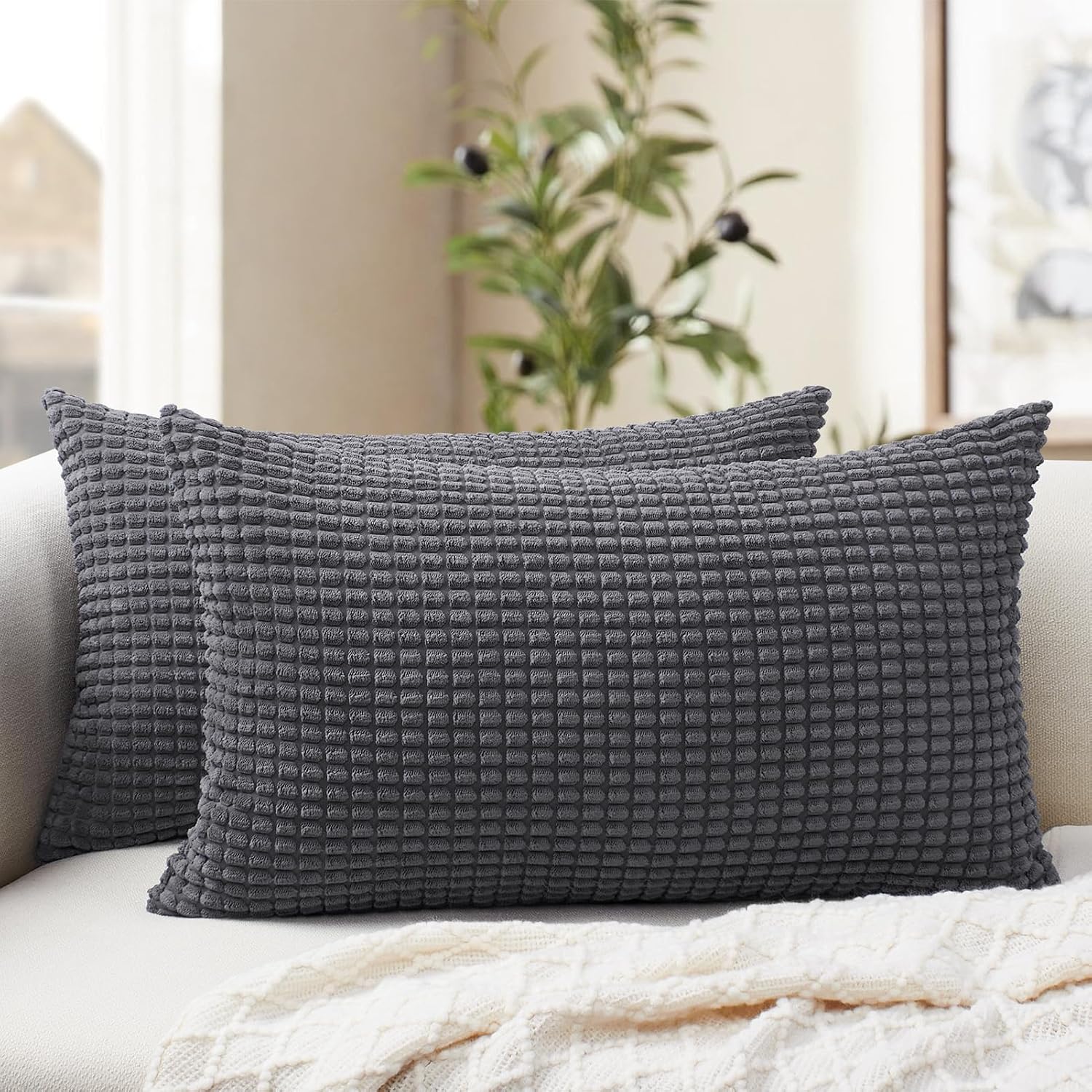 Softalker Throw Pillow Covers 12x20 Inch, Set of 2, Soft Corduroy Boho Stripe Decorative Pillow Cover, Couch Fluffy Pillow Cover for…