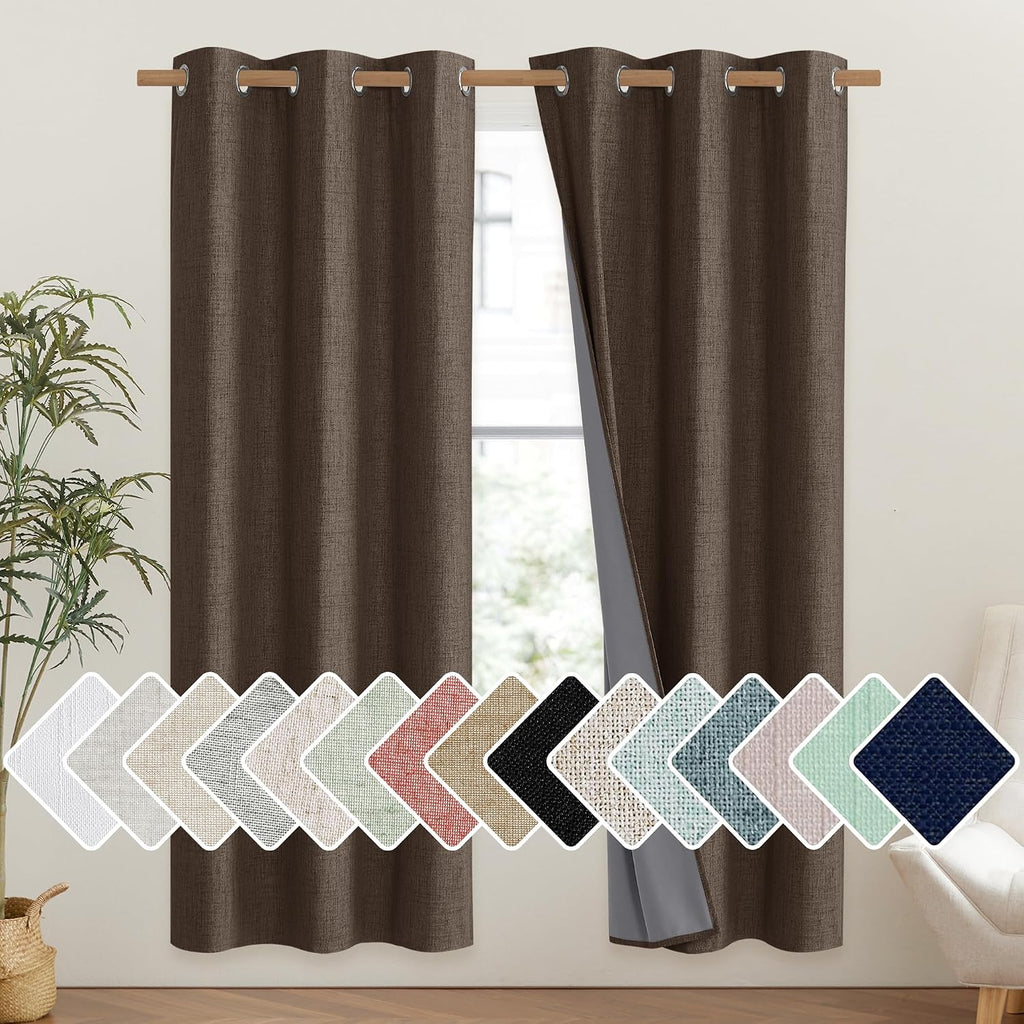 NICETOWN Coffee Vintage Linen 100% Blackout Curtains for Classroom, Thermal Insulated Curtains 72" Long, Noise Reducing Window Treatment…