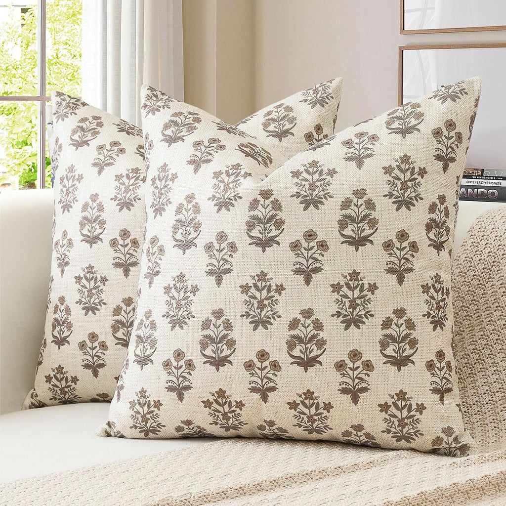 OTOSTAR Floral Print Pillow Covers 18x18 Inch Pack of 2 Double-Sided Brown Flower Square Throw Pillow Covers Farmhouse Rustic Cushion…