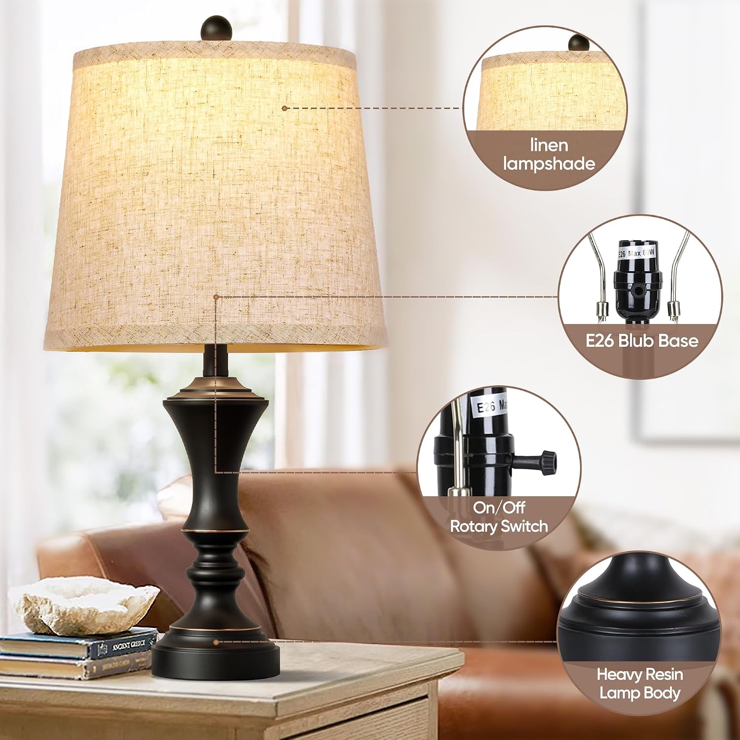 ROTTOGOON Retro Table Lamps Set of 2, Nightstand Lamp for Bedroom Vintage Rustic Table Lamps for Living Room Traditional Nightstand…