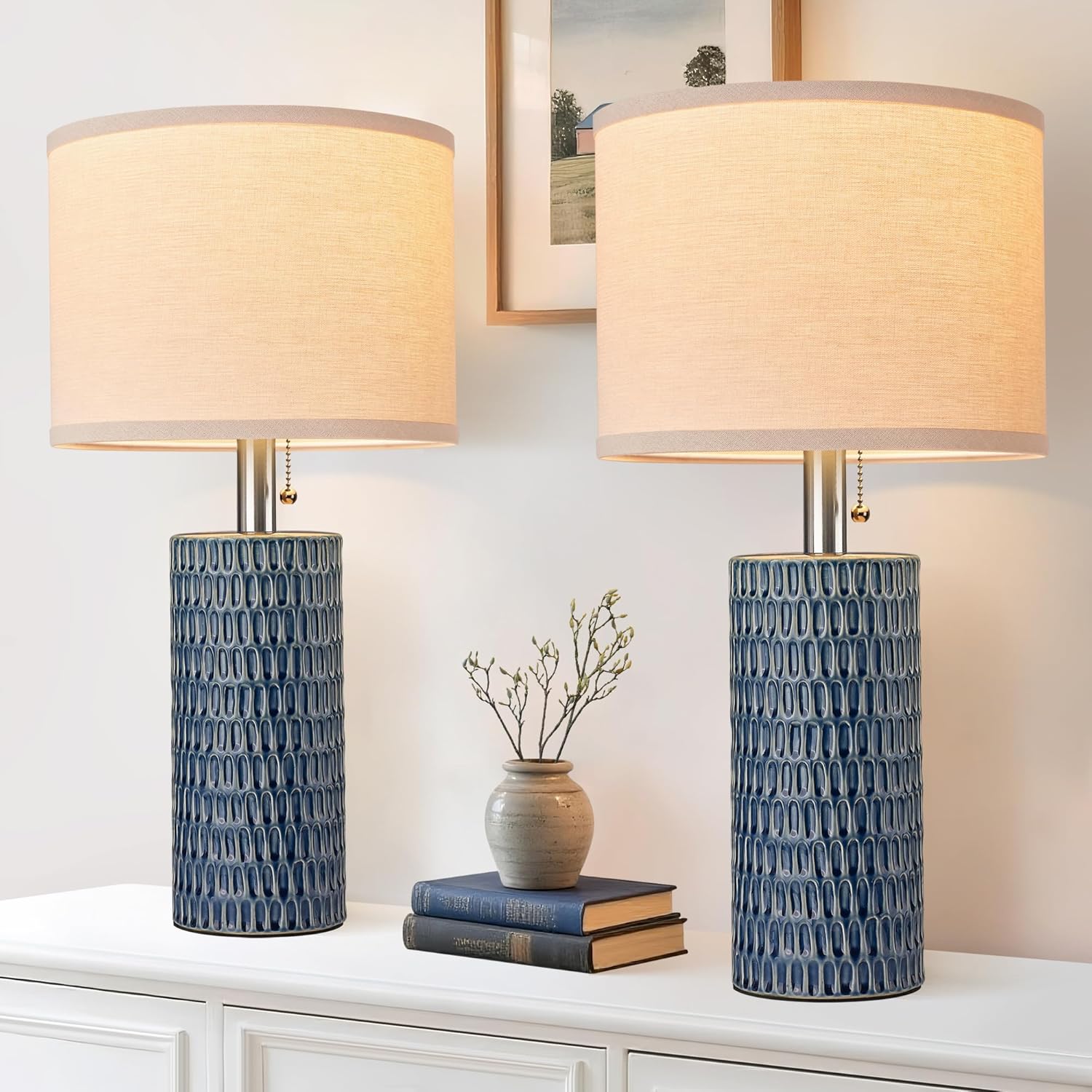 Reaketon 20.5" Modern Ceramic Table Lamps for Bedroom Set of 2, Bedside Lamps for Night Stands with Beige Lampshade, Farmhouse Table Lamp…