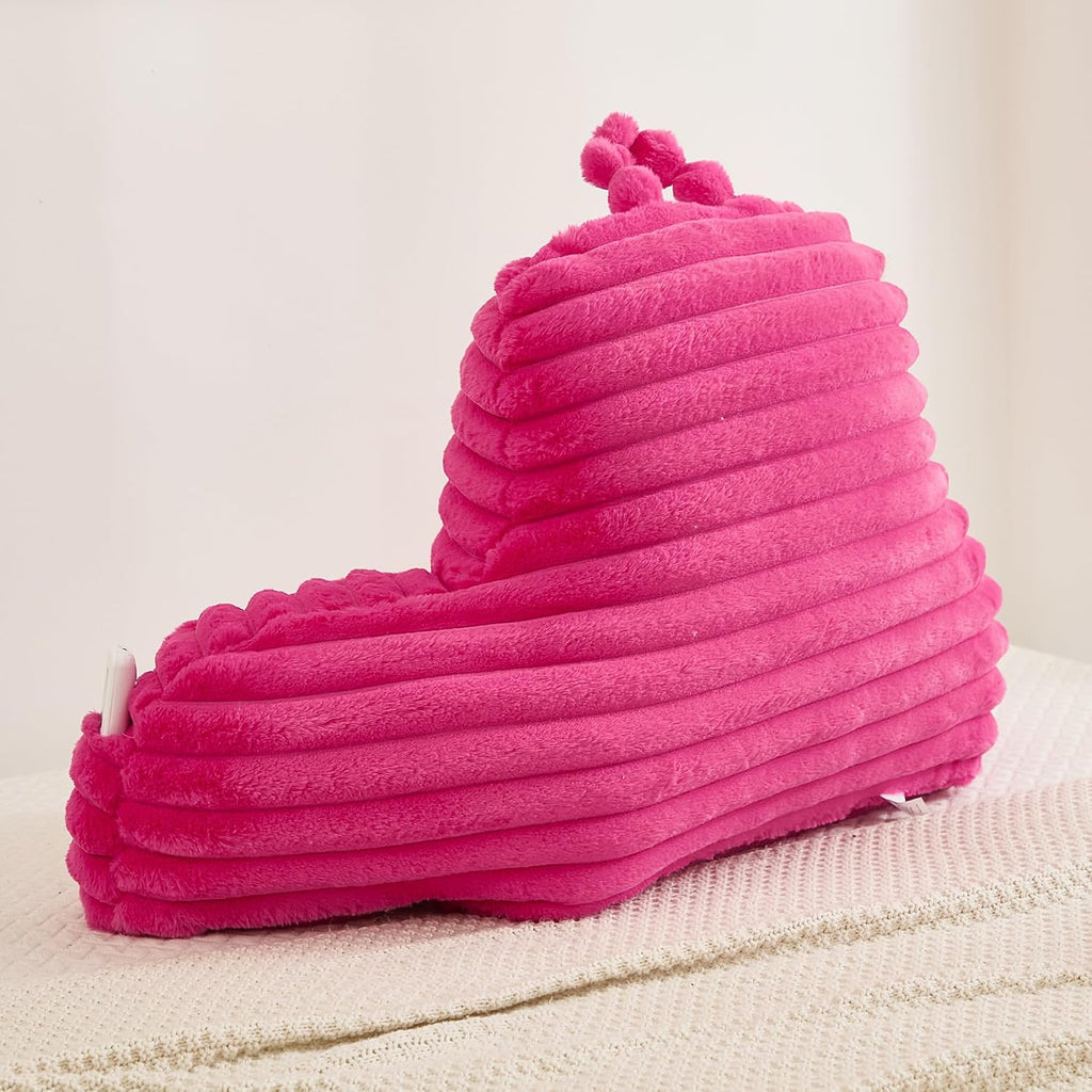 Memfydu Faux Fur Fluffy Hot Pink Reading Pillow with Pockets, Luxury Striped Plush Decorative, Arm Rests and Back Support for Bed Rest, Lou…