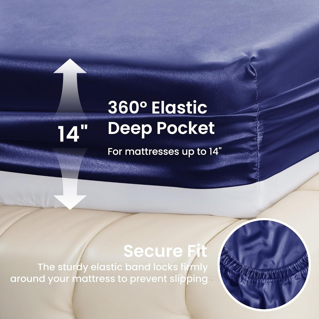 Lovescabin Love's cabin California King Satin Sheet Sets - 4 Piece Navy Blue Silky Sheets Bed Set with Deep Pocket, Luxury Silk Feel Satin…