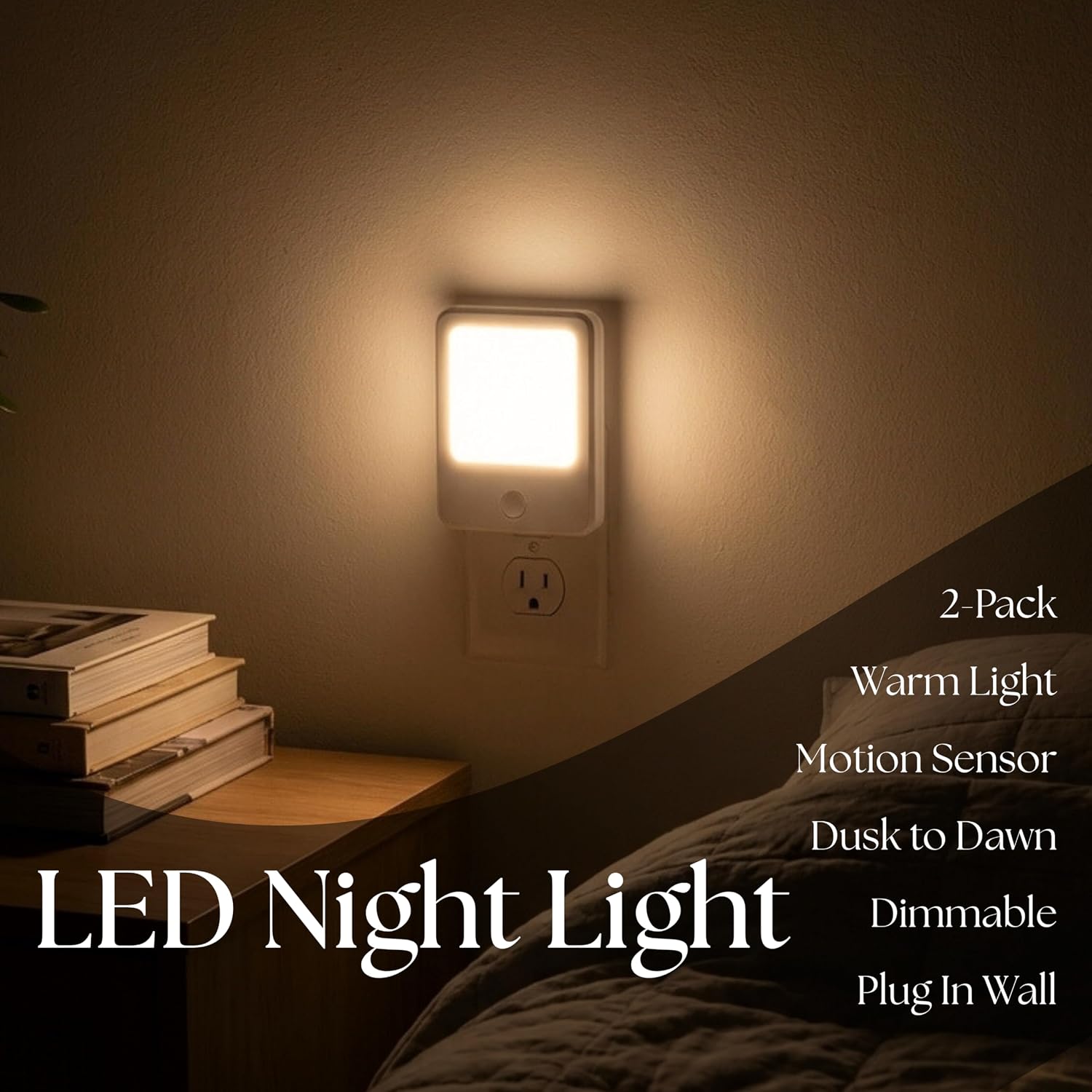 DYMOND Plug in Night Lights with Motion Sensor Dusk to Dawn, Dimmable Warm White Soft Light for Hallway, Bedroom, Bathroom, Stairway…