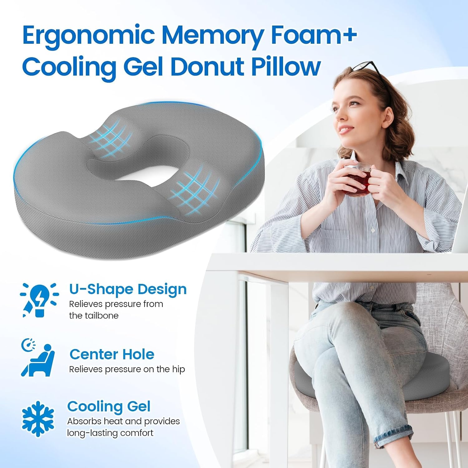 CushZone Donut Pillow Seat Cushion - Cooling Gel Donut Chair Cushions, Memory Foam Seat Cushion for Office & Home, Car Seat Cushion and But…