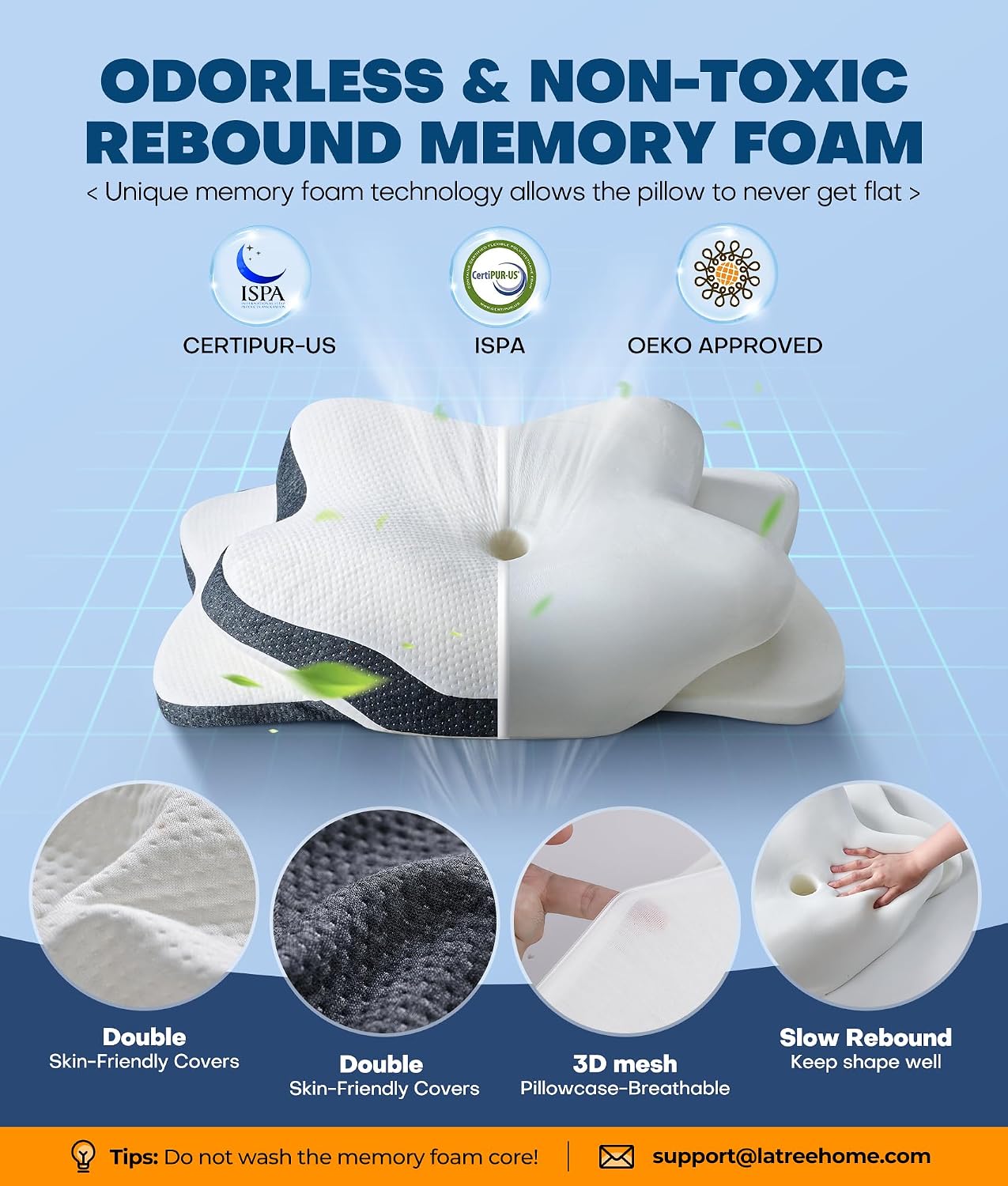 Latree 5X Cervical Neck Pillow for Neck Support, Ergonomic Cooling Side Sleeper Pillow for Sleeping, Odorless Contour Memory Foam Pi…