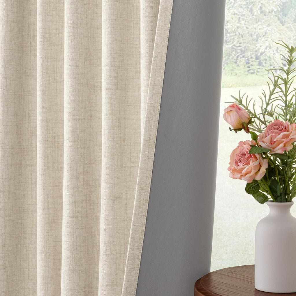 INOVADAY 100% Blackout Curtains for Bedroom, Cream Black Out Curtains 96 Inch Long, Clip Rings Linen Blackout Drapes, Thermal Insulated…