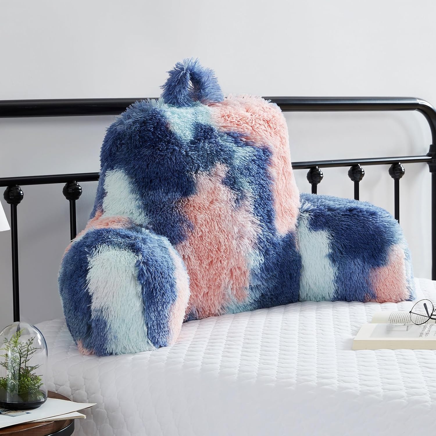 Bedriping Reading Pillow for Bed Adult - Faux Fur Backrest Pillow with Arms, Ergonomic Back Pillows for Sitting in Bed, Extra Fluffy TV Pil…