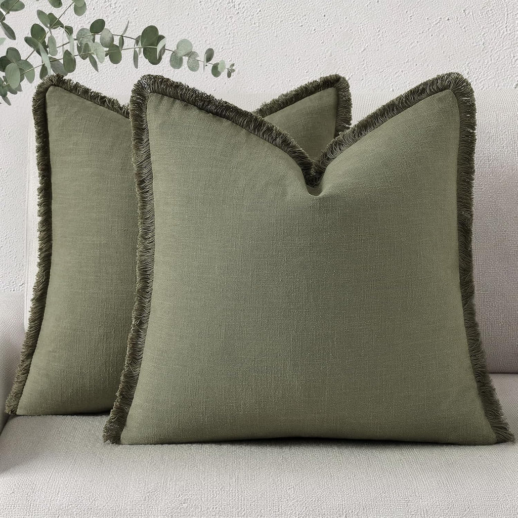 decorUhome Summer Decorative Neutral Linen Fringe Throw Pillow Covers Set of 2 Olive Green Pillow Covers with Tassels Soft Farmhouse Boho A…