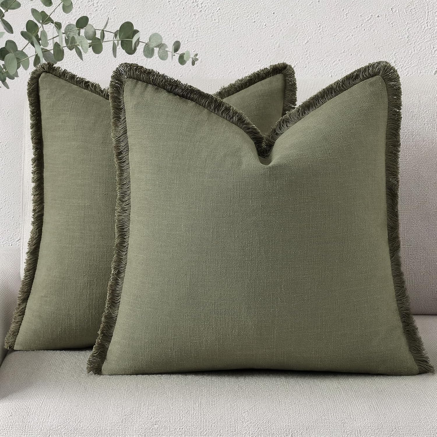 decorUhome Summer Decorative Neutral Linen Fringe Throw Pillow Covers Set of 2 Olive Green Pillow Covers with Tassels Soft Farmhouse Boho A…