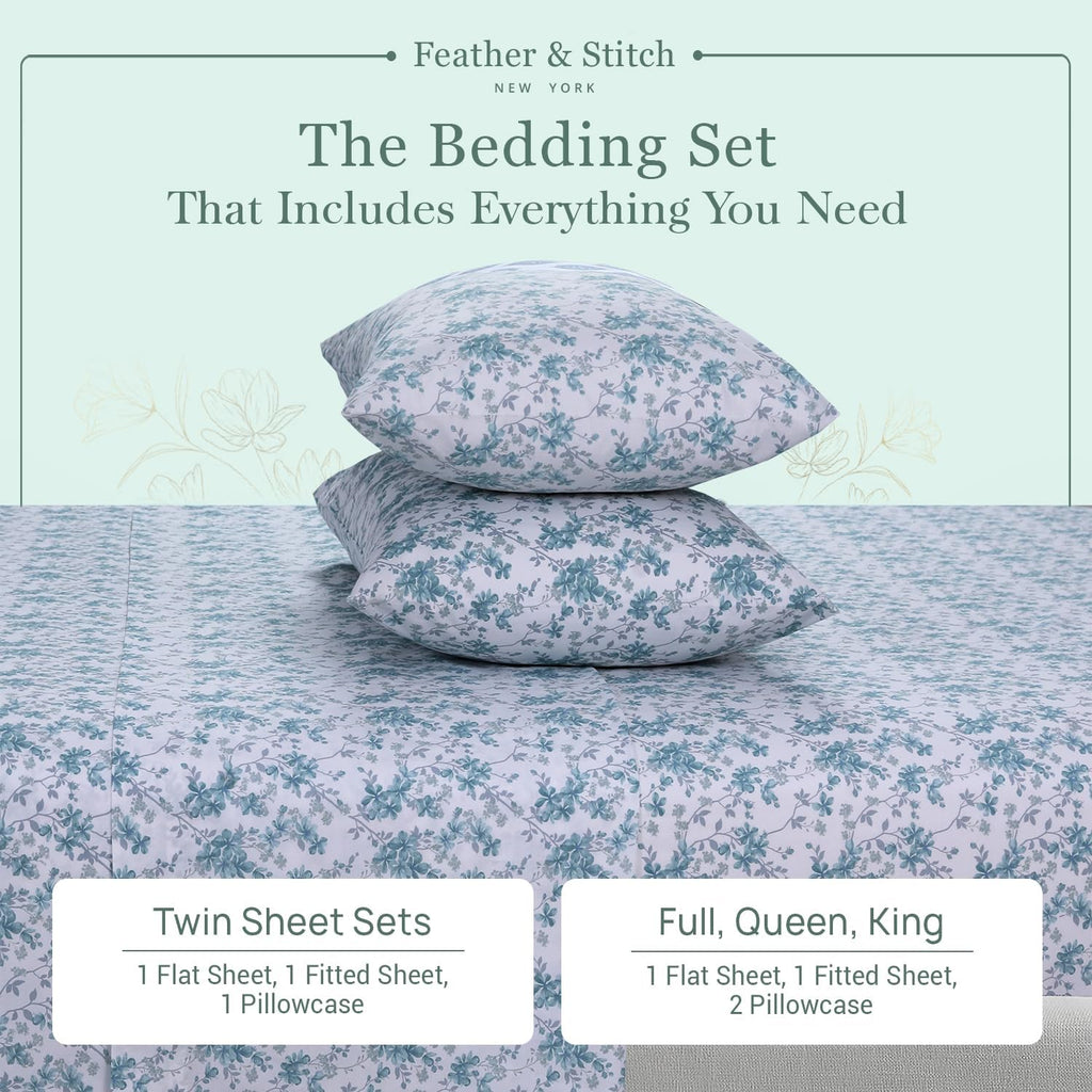 Featherstitchnewyork Feather & Stitch Softest 100% Cotton Sheets, 300 Thread Count Percale Weave Bedding, 16" Deep Pocket, Cooling Sheets,…