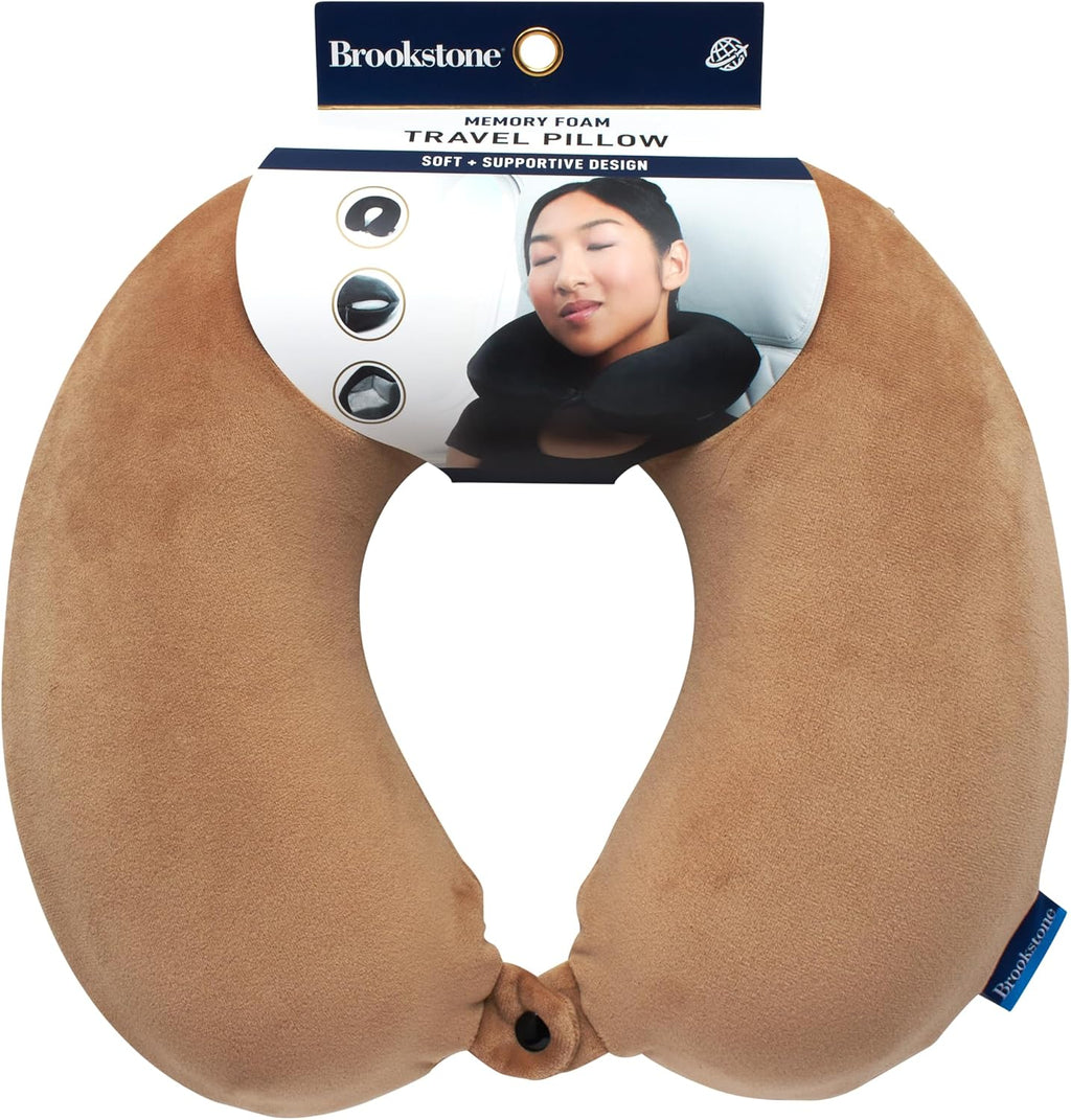 Brookstone Travel Neck Pillow - Lightweight U-Shaped Memory Foam Travel Pillow for Airplane, Car Travels & Sleeping, Khaki