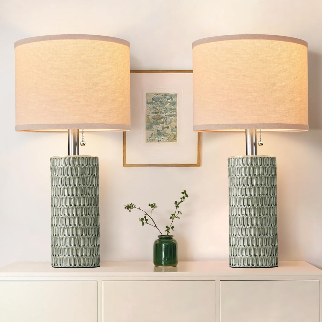 Reaketon 20.5" Modern Ceramic Table Lamps for Bedroom Set of 2, Bedside Lamps for Night Stands with Beige Lampshade, Farmhouse Table Lamp…