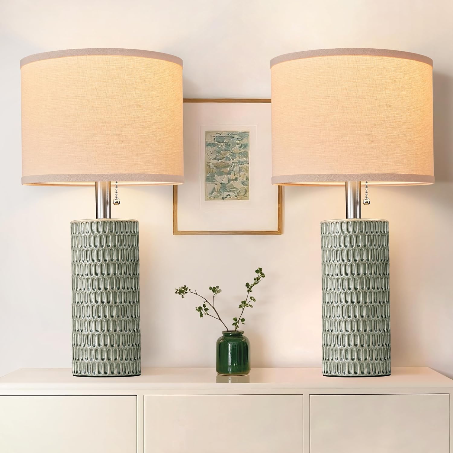 Reaketon 20.5" Modern Ceramic Table Lamps for Bedroom Set of 2, Bedside Lamps for Night Stands with Beige Lampshade, Farmhouse Table Lamp…