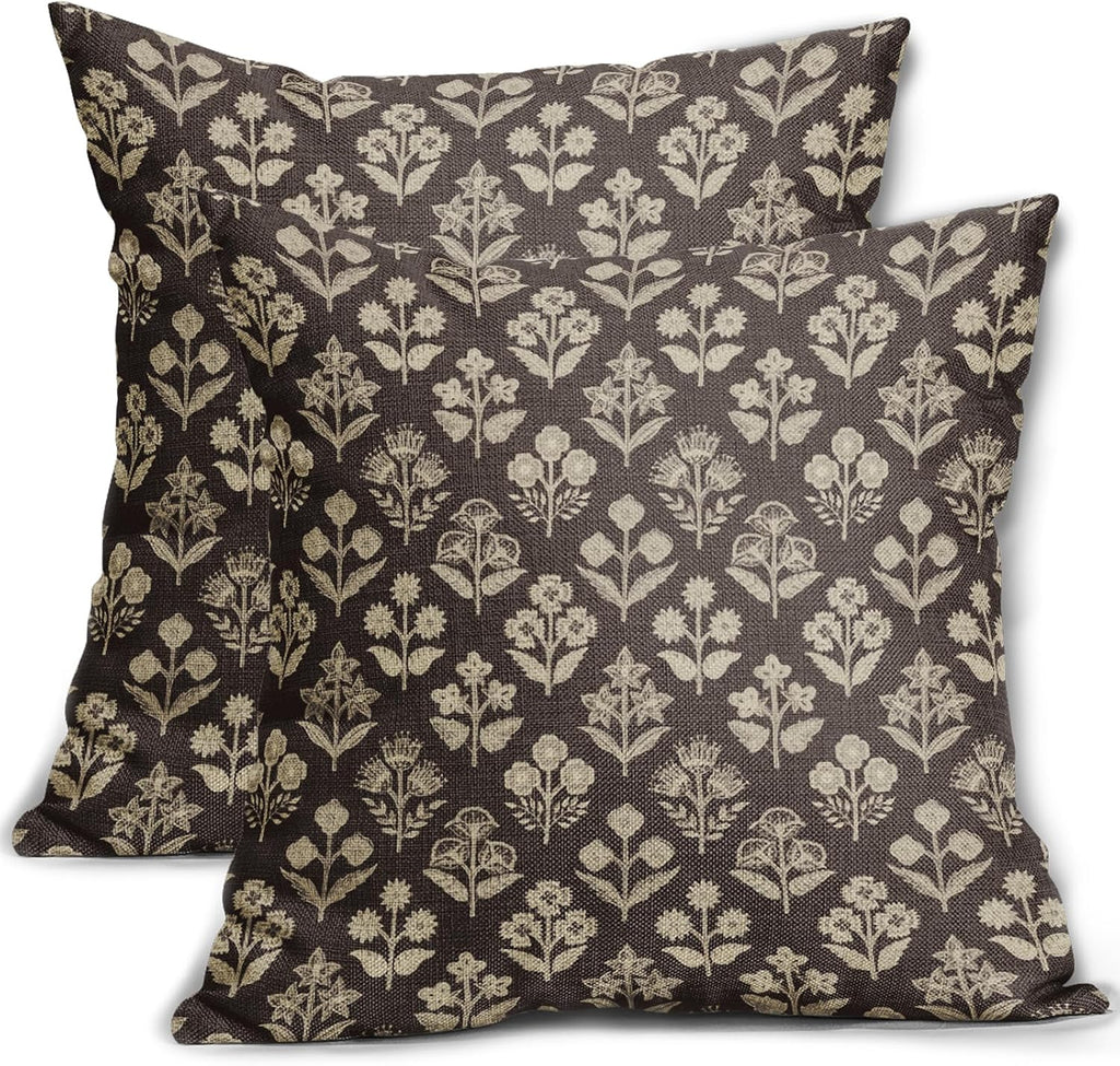 Dark Brown Floral Block Print Pillow Covers 18x18 Inch Set of 2, Vintage Flower Pattern Decorative Throw Pillowcases Outdoor Farmhouse…