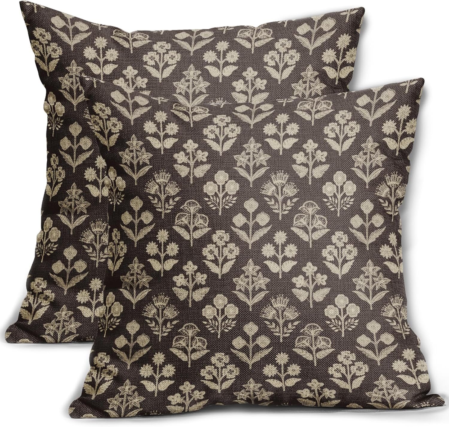 Dark Brown Floral Block Print Pillow Covers 18x18 Inch Set of 2, Vintage Flower Pattern Decorative Throw Pillowcases Outdoor Farmhouse…