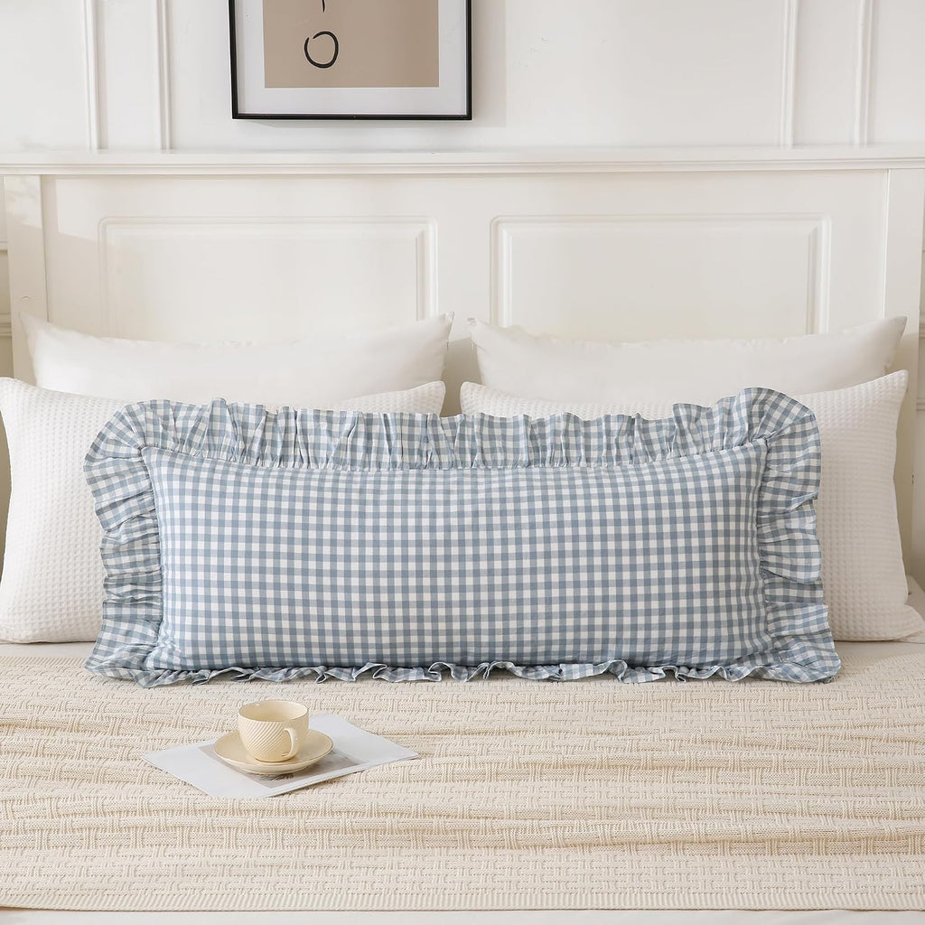 Qilunn Light Blue/White Ruffled Long Lumbar Gingham Pillow Sham 14x36 inches 1 Piece, Pure Cotton Decor Pillowcase Farmhouse Vintage Cushio…