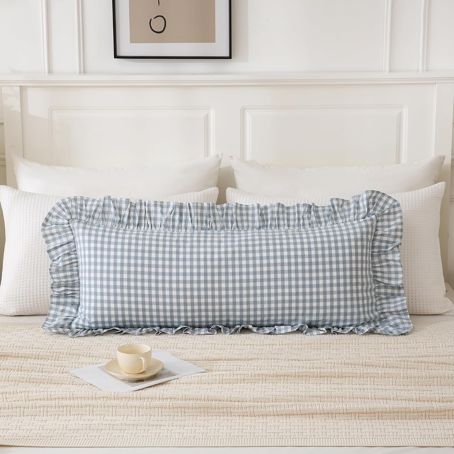 Qilunn Light Blue/White Ruffled Long Lumbar Gingham Pillow Sham 14x36 inches 1 Piece, Pure Cotton Decor Pillowcase Farmhouse Vintage Cushio…