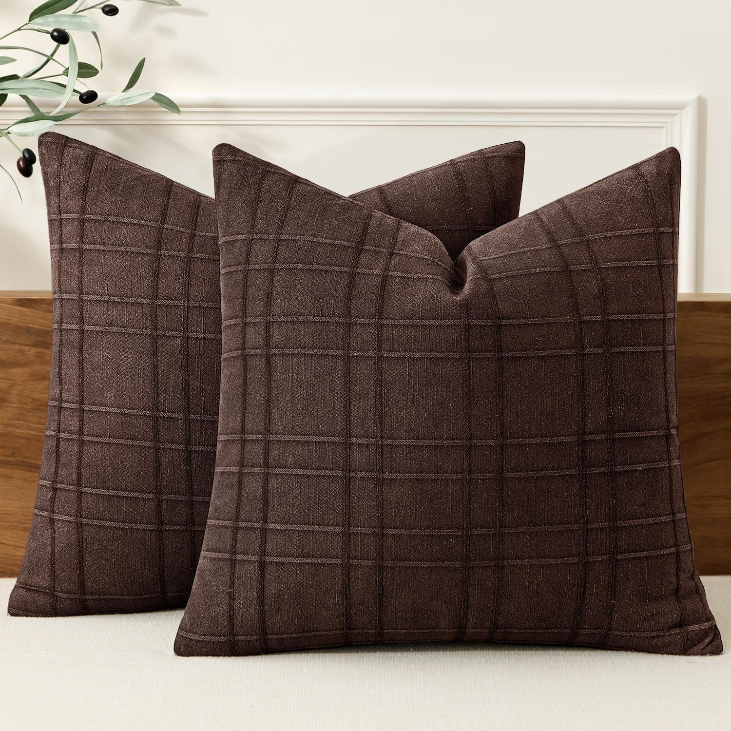 Miulee Decorative Linen Check Throw Pillow Covers Neutral Farmhouse Vintage Pillow Covers 18x18 Set of 2 Boho Modern Winter Home Decor for…