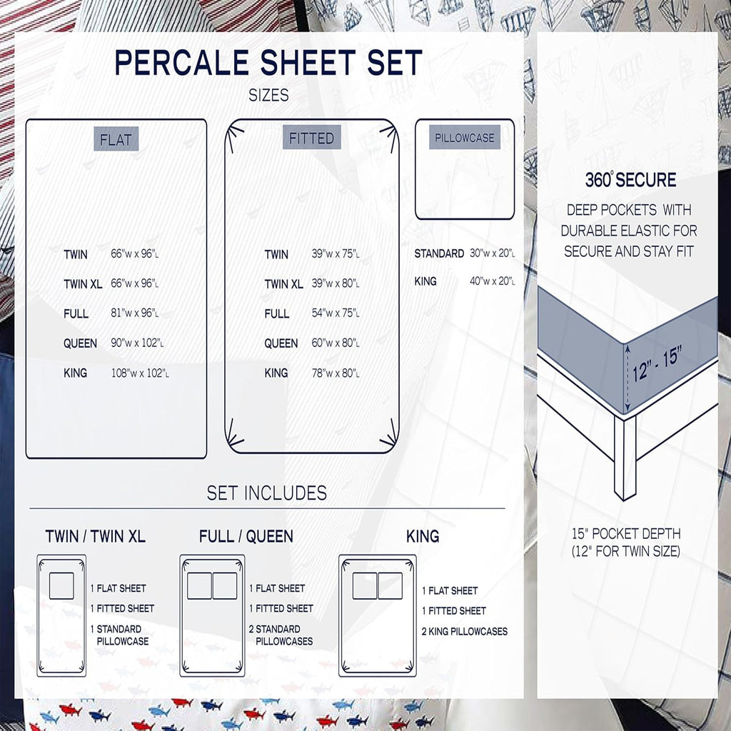 Nautica Queen Sheet Set, Cotton Percale Bedding Set, Crisp & Cool, Lightweight & Breathable (White, Queen) Cotton White