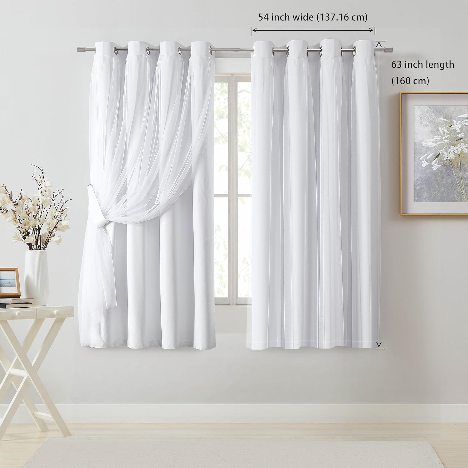 Bujasso White Full Blackout Curtain Panels with Sheer Overlay Mix and Match Double Layer Thermal Insulated Window Treatment Set for Living…
