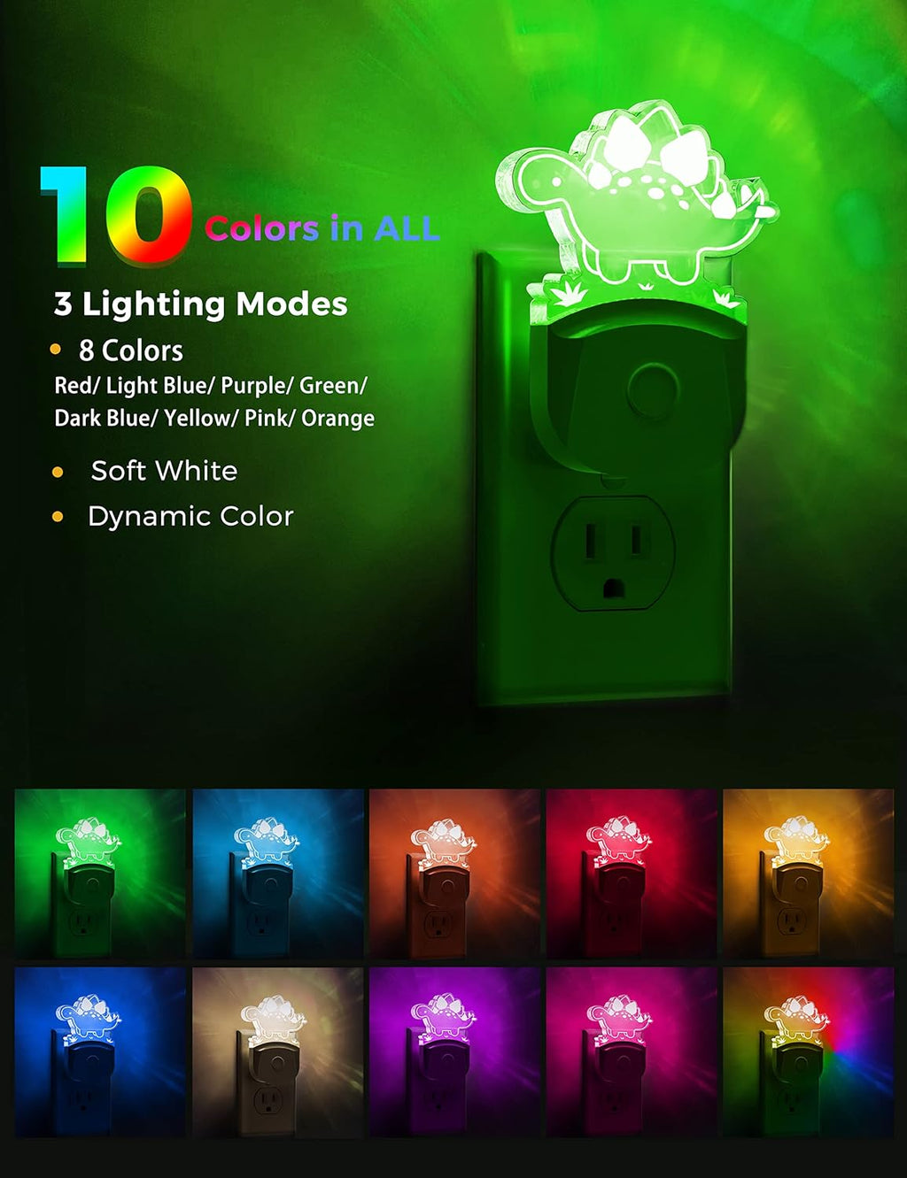 LOHAS Dinosaur Night Light for Boys, Kids Nightlight Plug in, Dusk-to-Dawn, Stegosaurus LED Night Lights Plug into Wall, RGB+Soft White…
