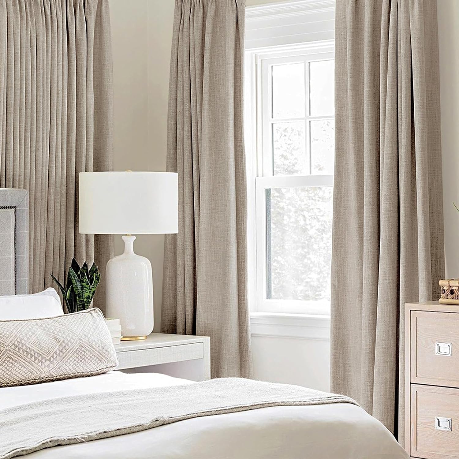 Miulee Linen Textured Curtains Solid 100% Blackout for Bedroom Thermal Insulated Taupe Grommet Room Darkening Curtains & Drapes Luxury Deco…