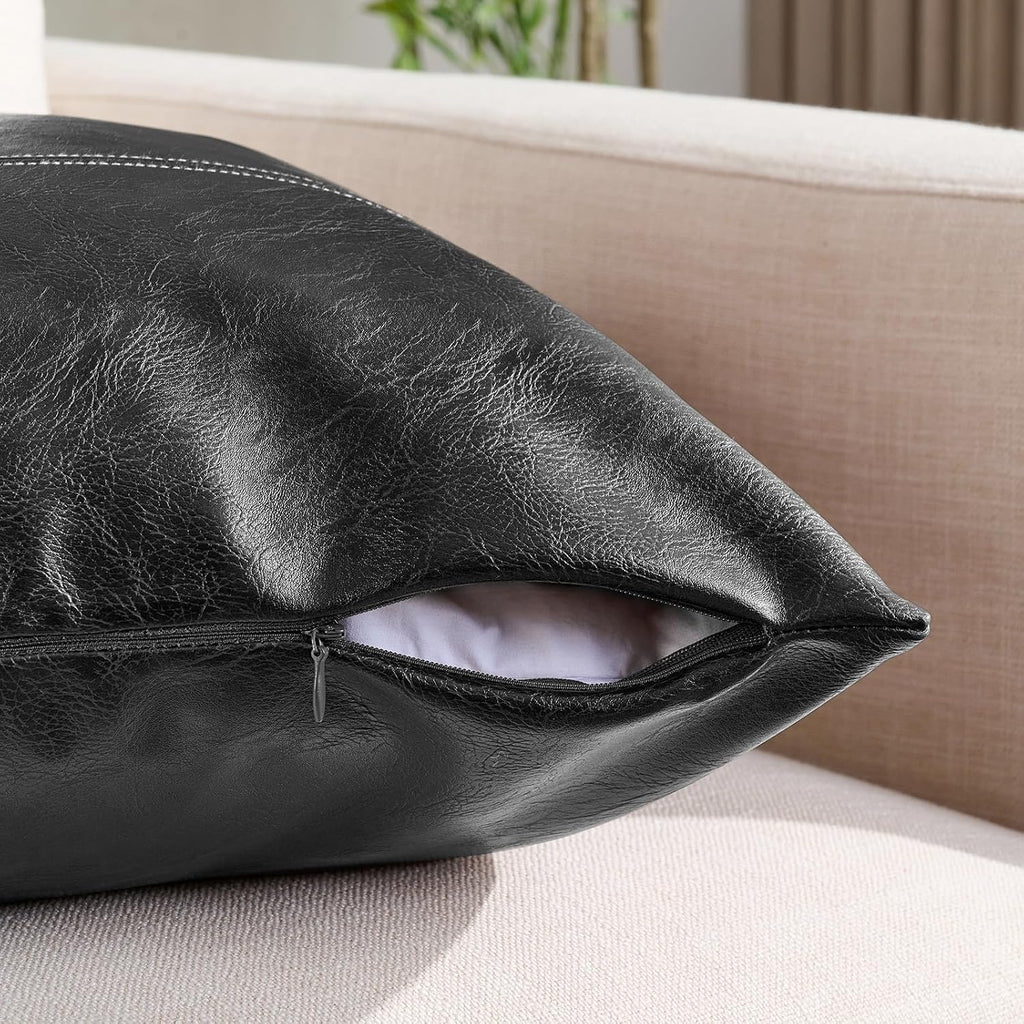 Fancy Homi Black Boho Faux Leather Decorative Throw Pillow Covers 18x18 Inch for Living Room Couch Bed Sofa, Rustic Modern Farmhouse Home…