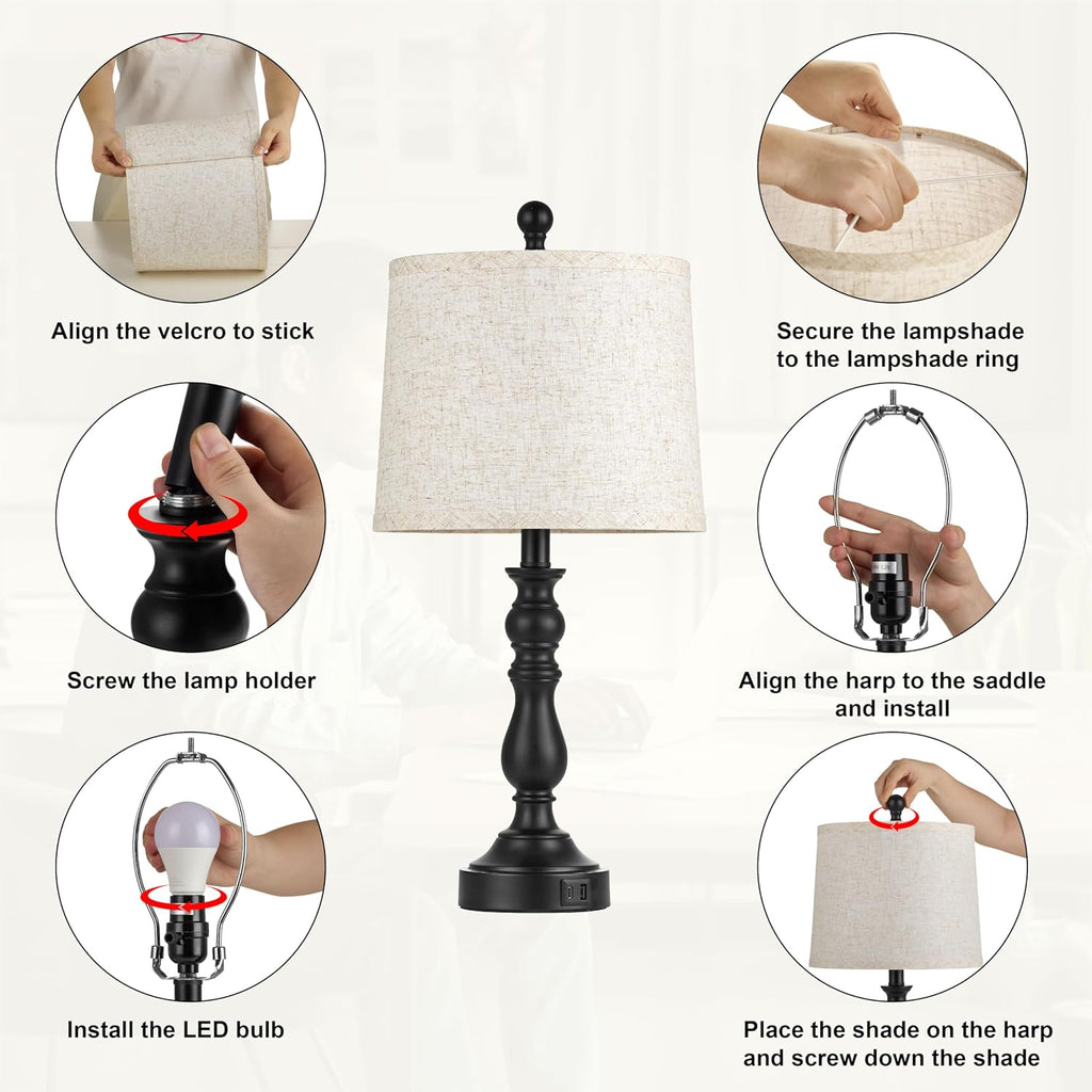 23'' Farmhouse Table Lamps for Living Room Set of 2 with USB C+A Ports, Retro Bedside Lamp for Bedroom, Office, Dining Room, Knob Switch…