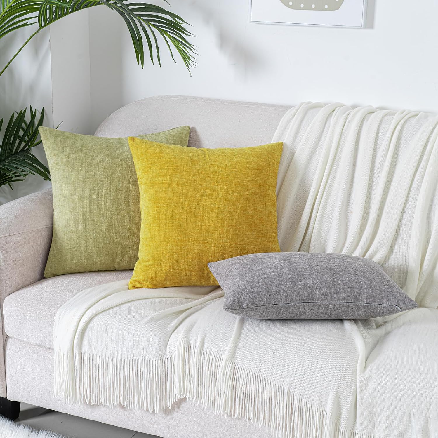 Hwy50 HWY 50 Spring Sage Green Throw Pillow Covers 16x16 Inch Pack of 2, Soft Chenille Decorative Cushion Cases for Couch Sofa Bed Living R…