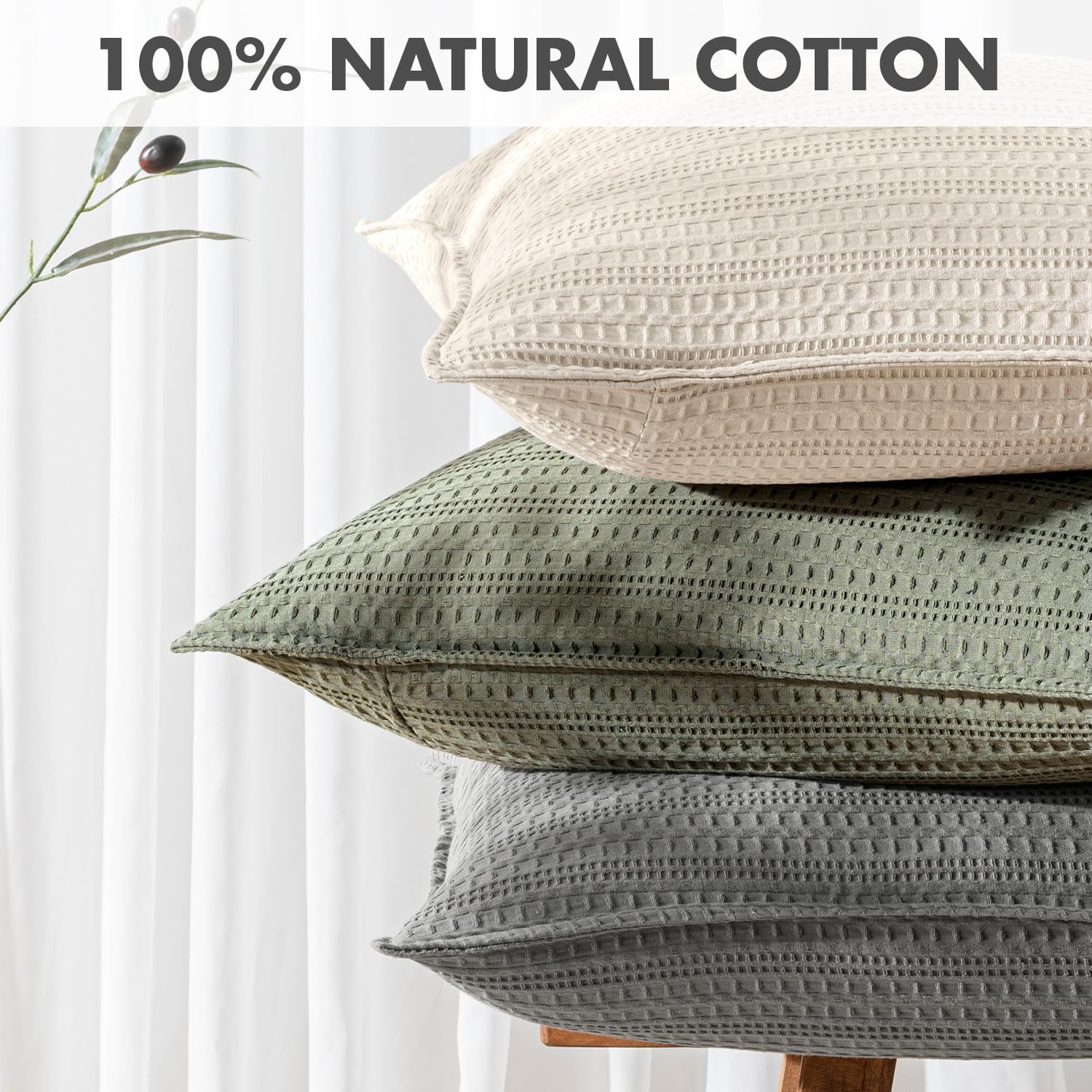 Set of 2 Decorative 100% Cotton Waffle Euro Sham Pillow Covers 26x26, Neutral Throw Pillows Weave European Cushion Cases for Couch Sofa…