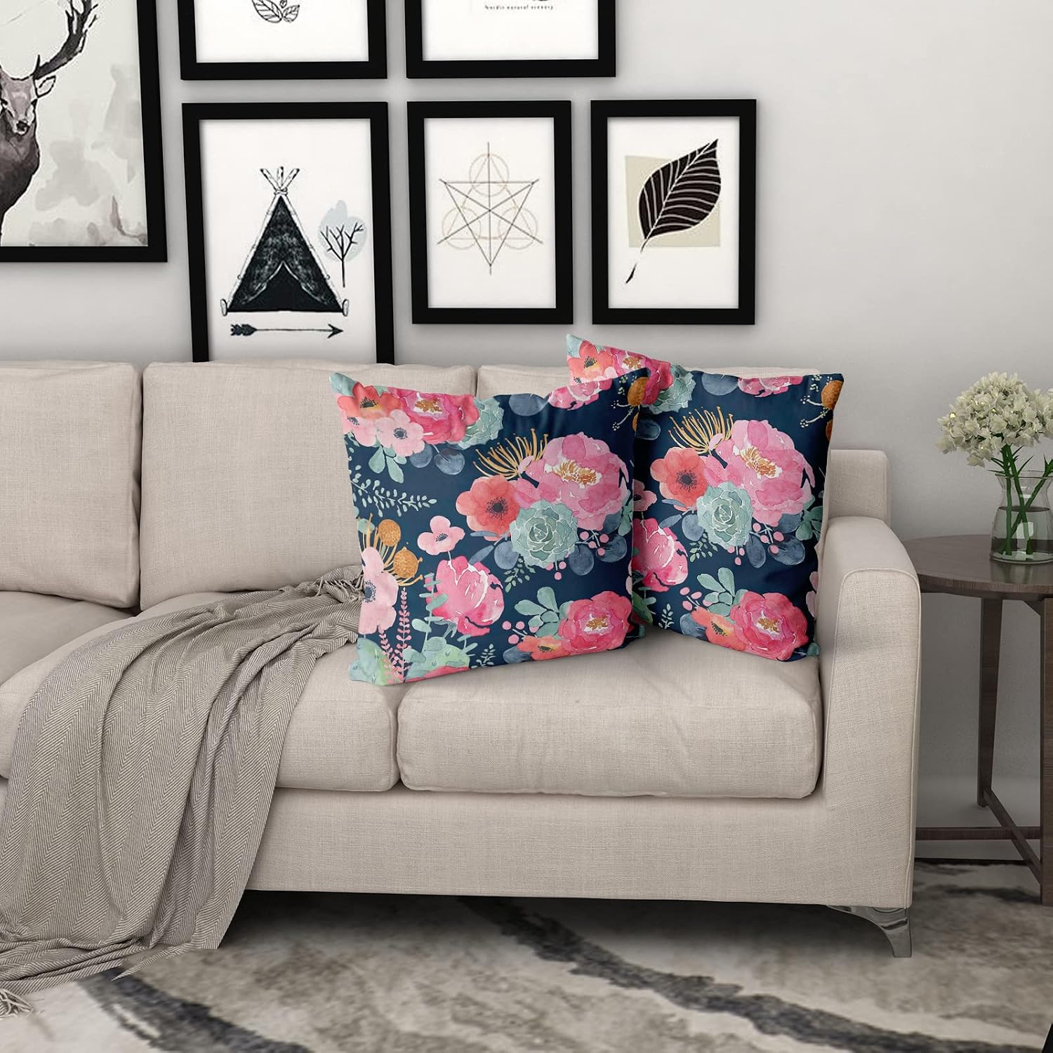 Granbey Watercolor Flower Throw Pillow Cover 24x24 Inch Pink Peony Floral with Green Leaf Decorative Pillow Cases Summer Navy Blue Cushion…