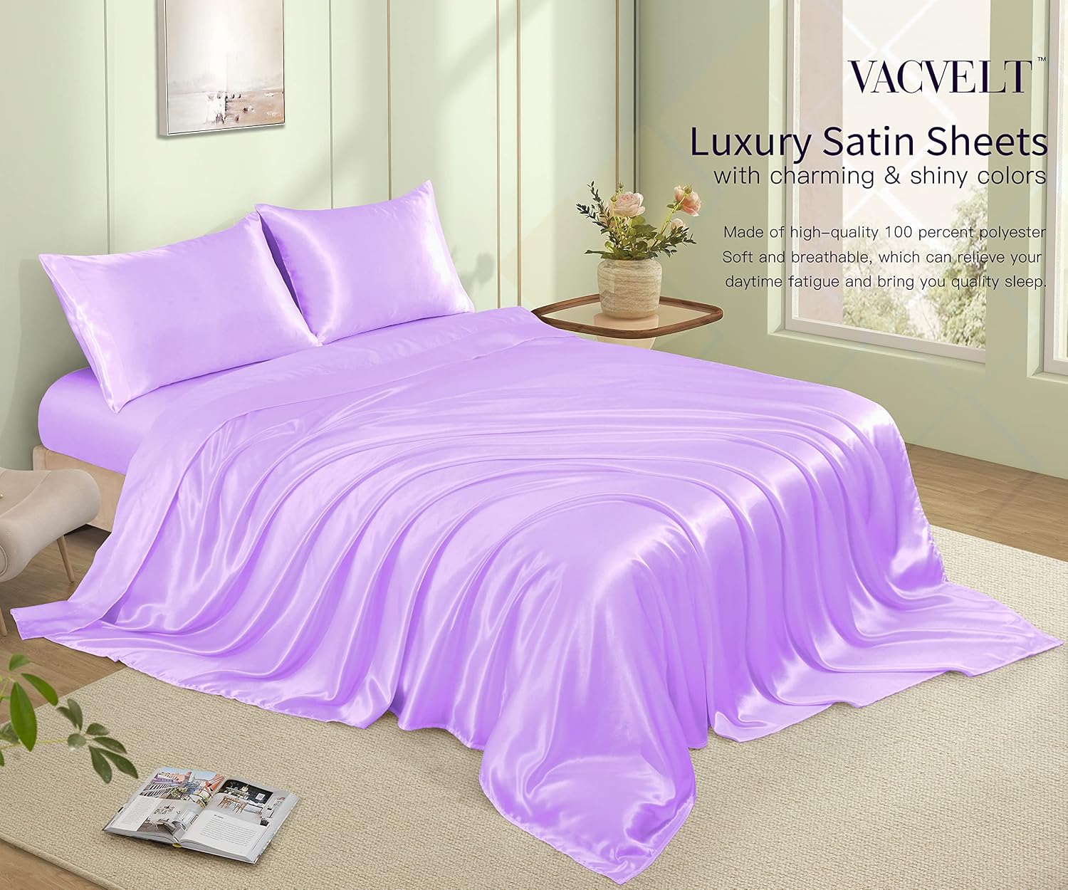VACVELT 4pcs Lavender Satin Sheets King Size Bed Set, 15 Inch Deep Pocket Silky Satin Sheet Set, Soft Satin Bedding Set Cooling & Luxury…