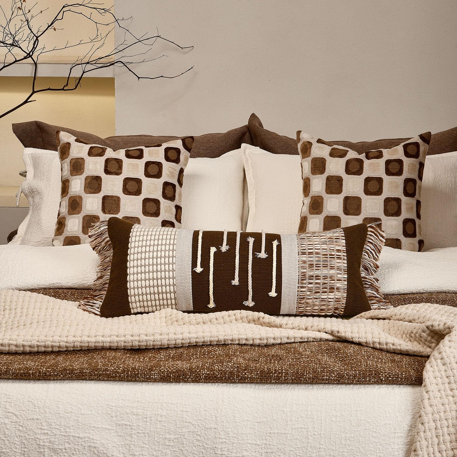 Aibuhome Decorative Lumbar Pillow Cover 12x28, Boho Woven Farmhouse Cotton Linen Cushion Case with Tassels & Hidden Zipper, Lumbar Throw Pi…