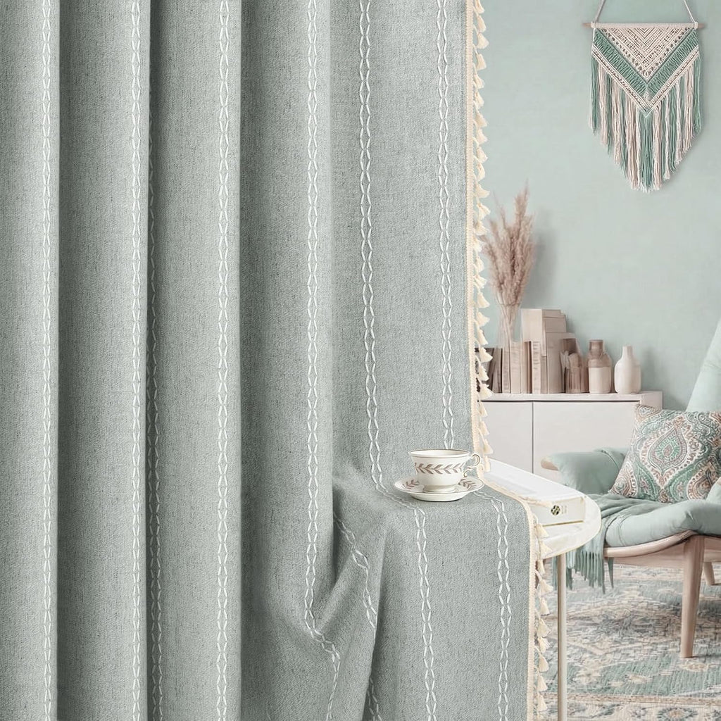 XOGUIBO Teal Boho Blackout Curtains 2 Panels 84 Inch for Living Room Bedroom, Light Green Linen Texture Farmhouse Curtains with Tass…