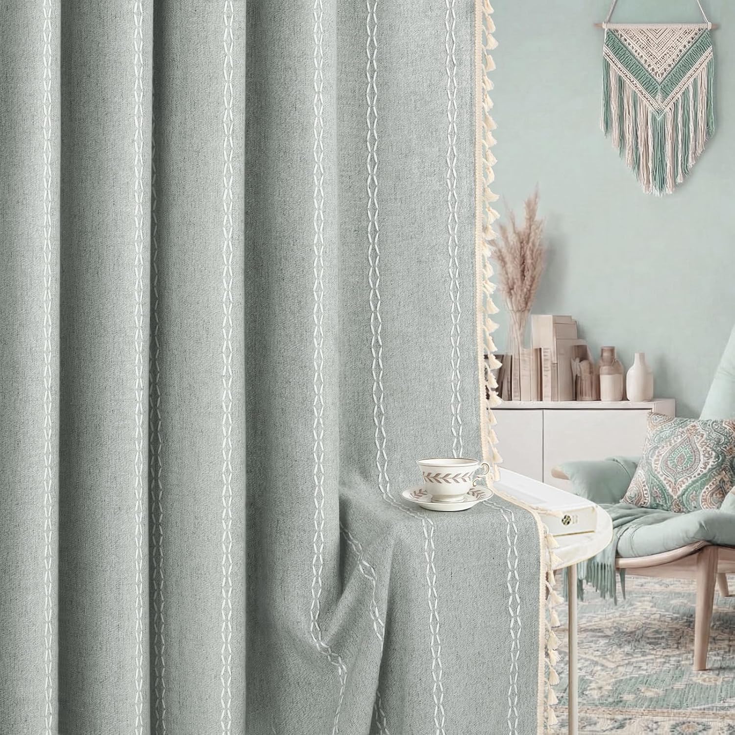XOGUIBO Teal Boho Blackout Curtains 2 Panels 84 Inch for Living Room Bedroom, Light Green Linen Texture Farmhouse Curtains with Tass…