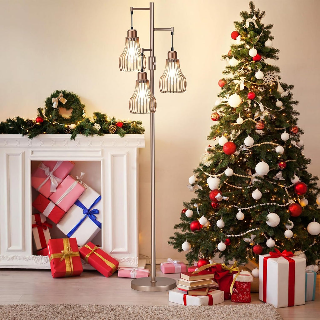 Ziisee Dimmable Floor Lamps for Living Room, Industrial Tree Standing Tall Lamps with 3 Elegant Cage Shade & 800 Lumens LED Bulbs for…