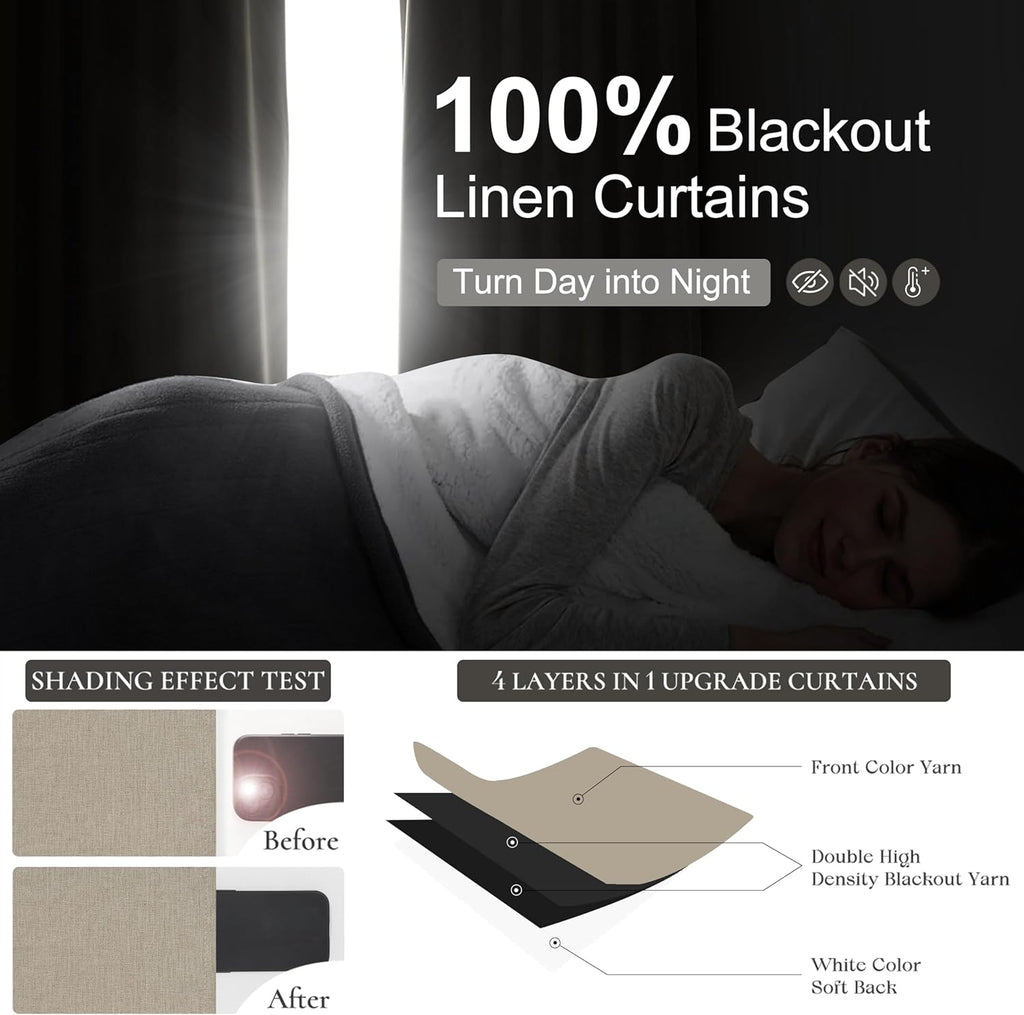 Qjmydeco Blackout Curtains 60 Inches Extra Wide Grey Beige Linen Curtains 84 Inch Length for Living Room, Pleated Farmhouse Bedroom Thermal…