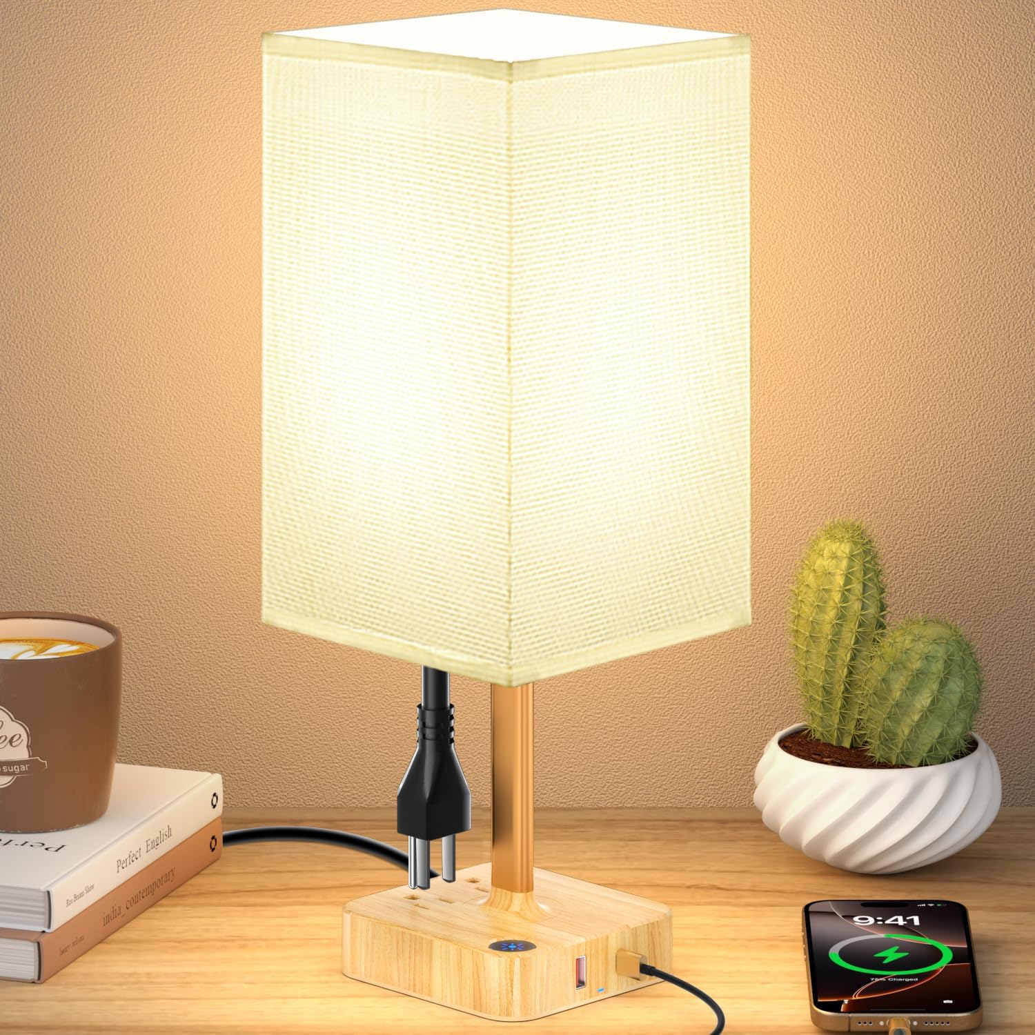 cozoo USB Bedside Table Desk Lamp with 2 USB Charging Ports and 2 AC Outlets, Dimmable Nightstand Lamp with Charger Base White Fabric…