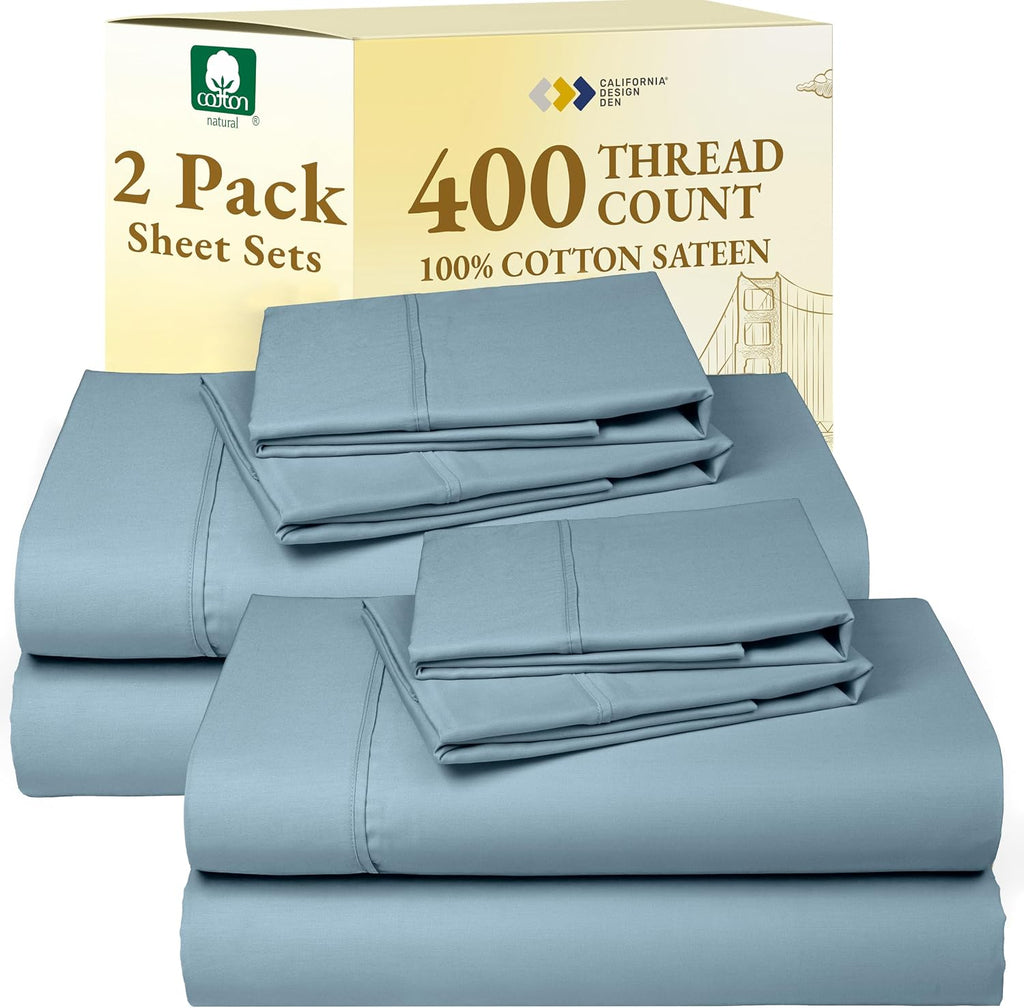 CaliforniaDesignDen California Design Den Pack of 2 Soft 100% Cotton Sheets Queen Size Bed Set - 400 Thread Count Sateen, Deep Pocket Queen…