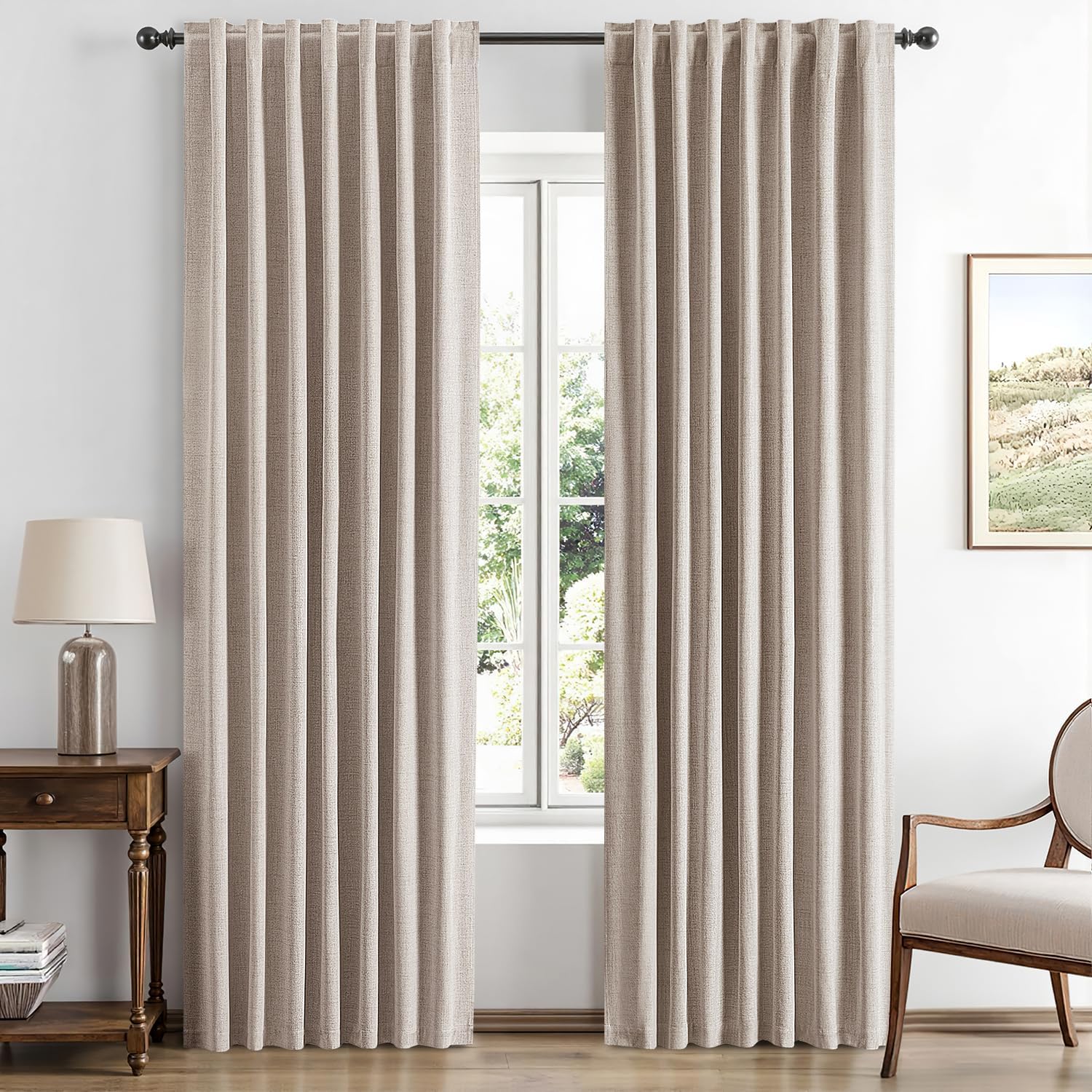 Miulee 100% Blackout Linen Curtains for Bedroom, Khaki Solid Luxury Decor Thermal Insulation Room Darkening Drapes for Living Room Nursery…