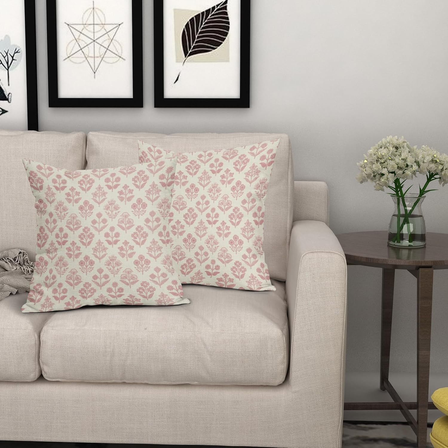 Pink Floral Pillow Covers 24x24 Inch Set of 2, Vintage Flower Block Print Pattern Decorative Throw Pillowcases Outdoor Farmhouse Cushion…