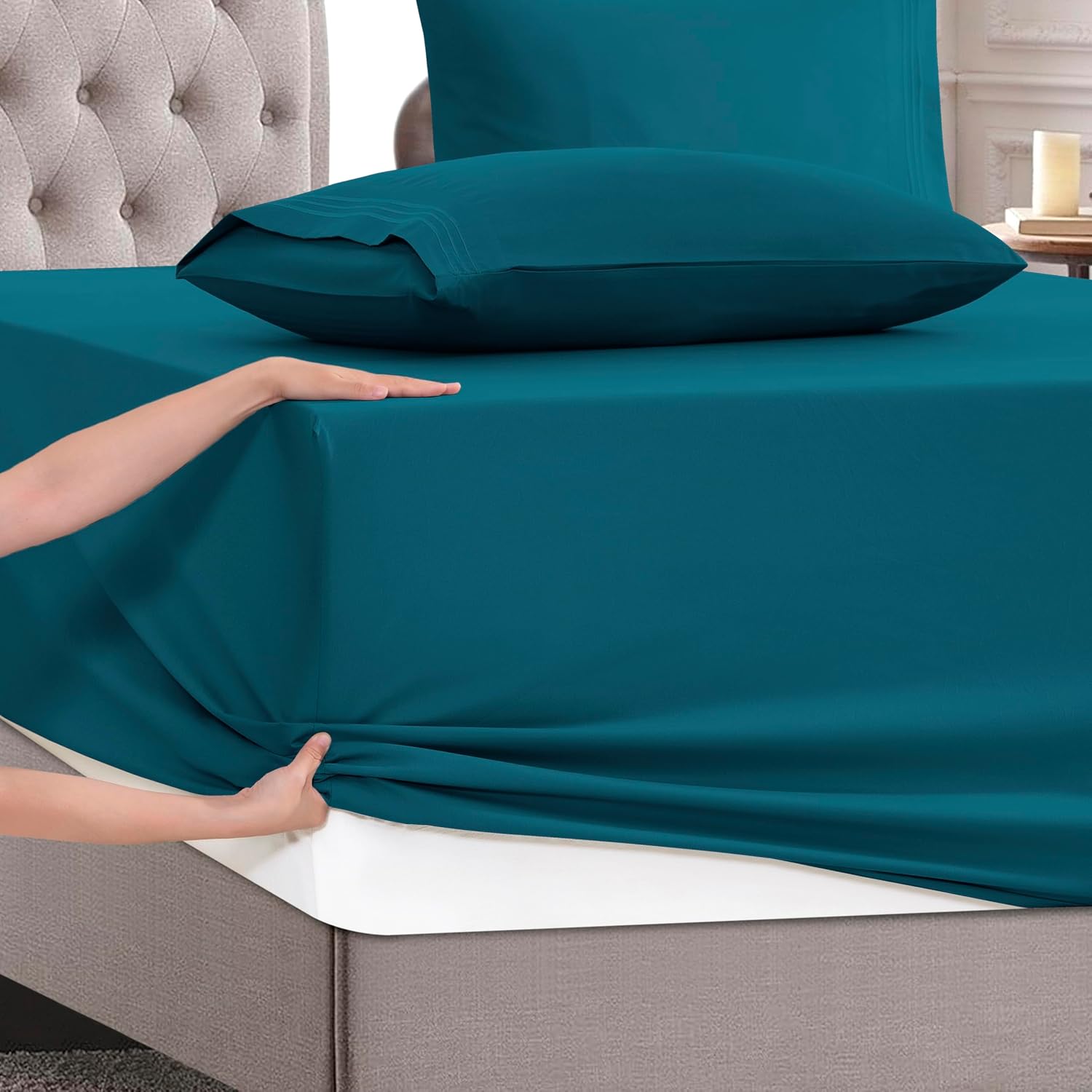 MocassiLuxuryBedding Mocassi Cal King Size 4-Piece Bed Sheet Set - 1800 Hotel Quality Microfiber 18-24 Inches Extra Deep Pocket Fitted Shee…