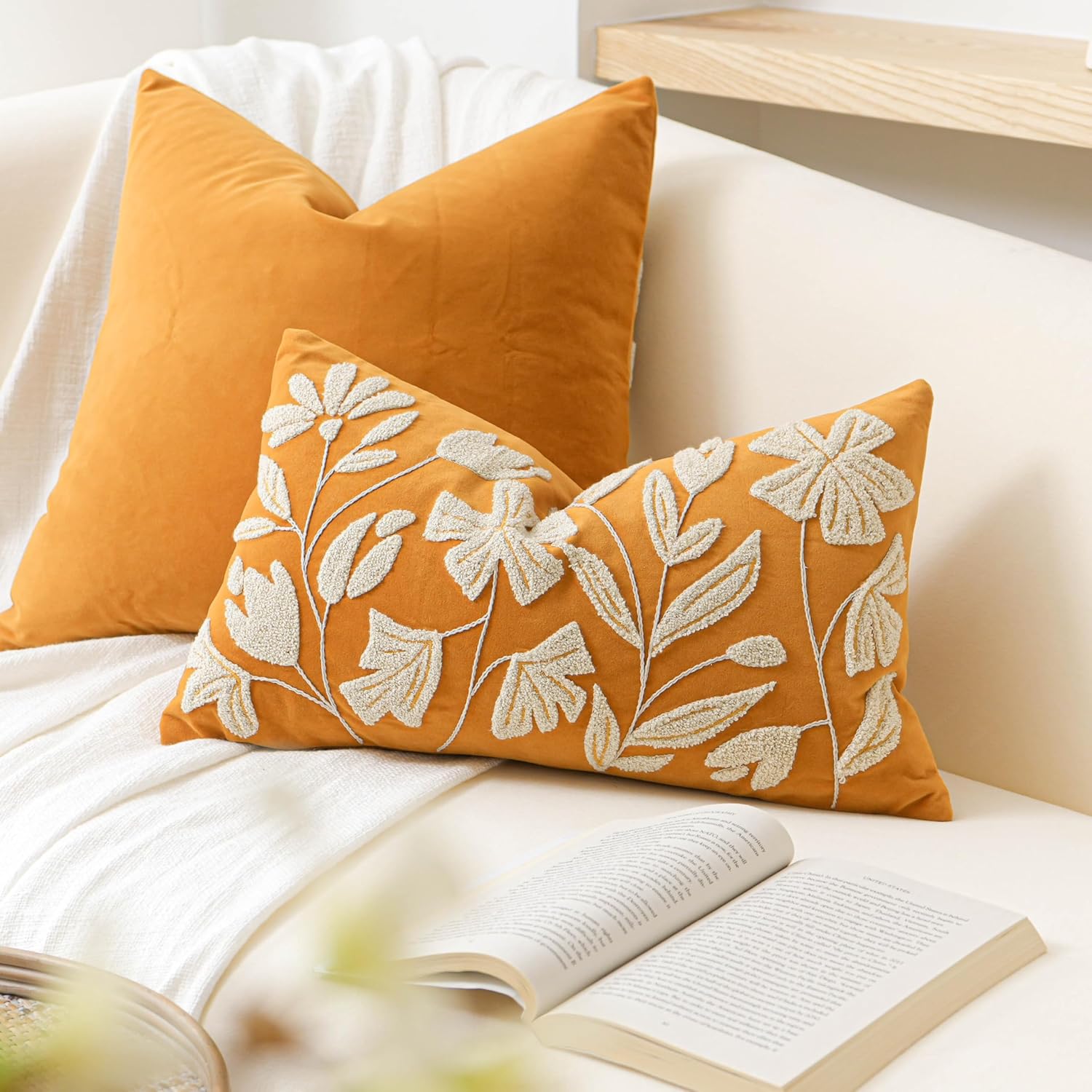 BlissBlush 12x20 Lumbar Pillow Cover, Mustard Yellow Rectangular Decorative Throw Pillowcase for Couch Sofa, Floral Tufted Embroidered…