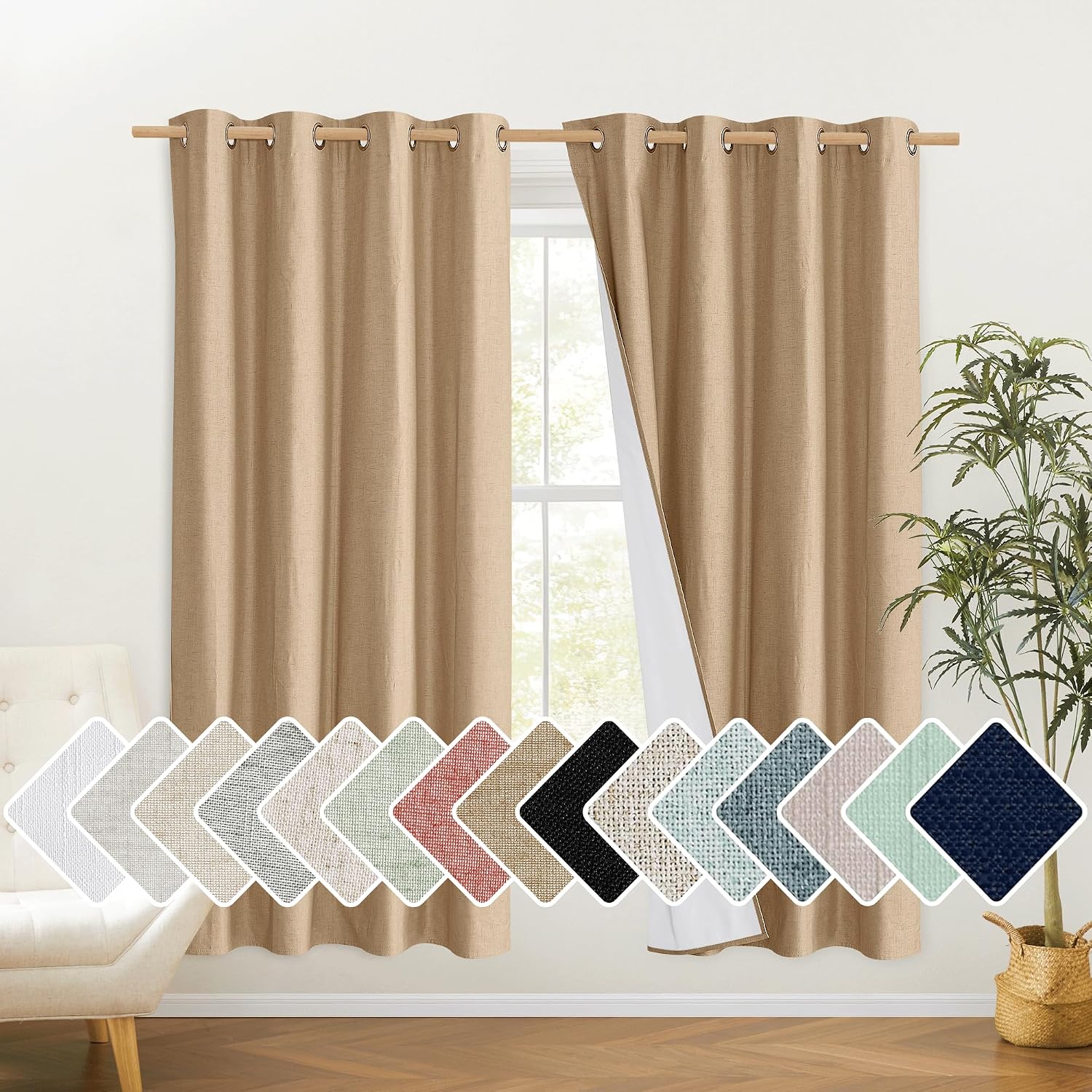 NICETOWN 100% Absolutely Blackout Linen Curtains with Thermal Insulated White Liner, Camel, W52 x L72, 2 Panels, Long Curtains 72 inch…