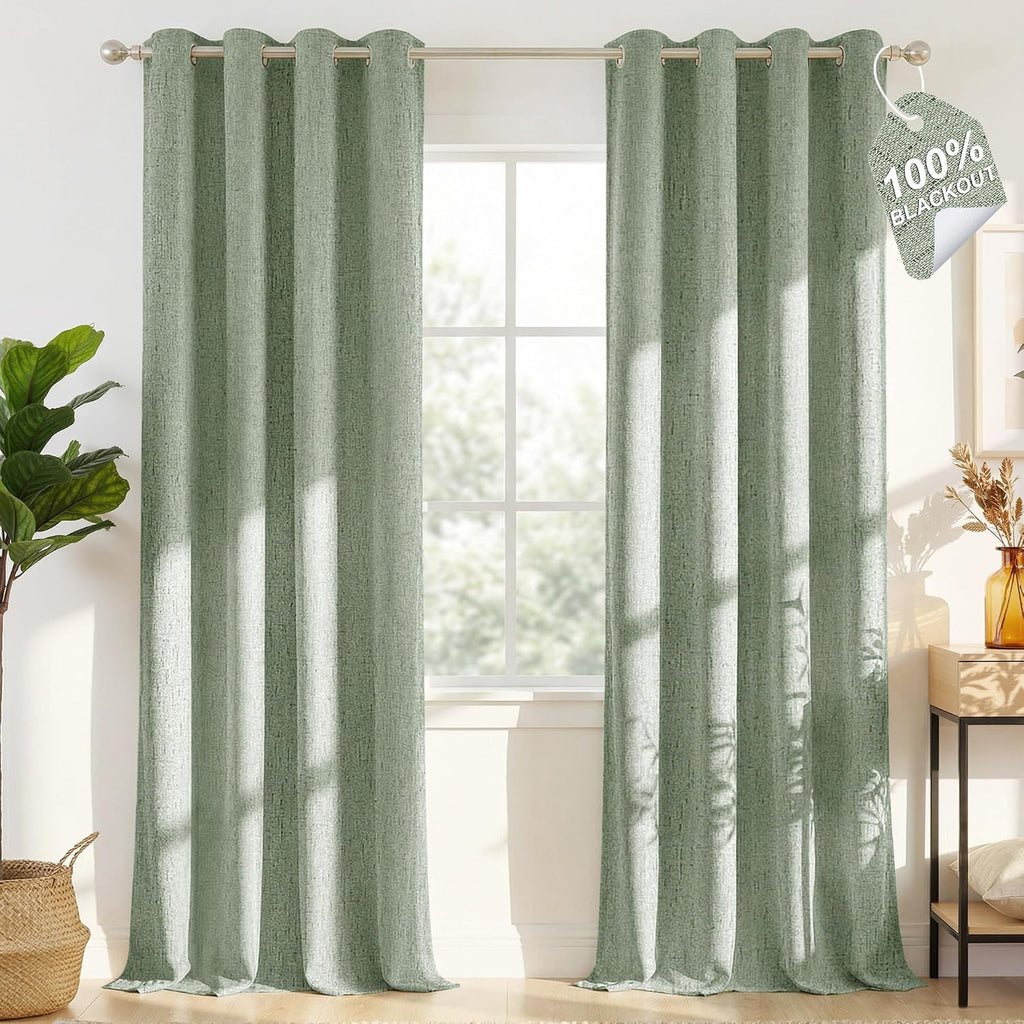 Nicetown Sage Green 100% Blackout Linen Curtains 84 inches Long 2 Panels, White Liner Composite Grommet Thermal Drapes Home Decor Window Tr…