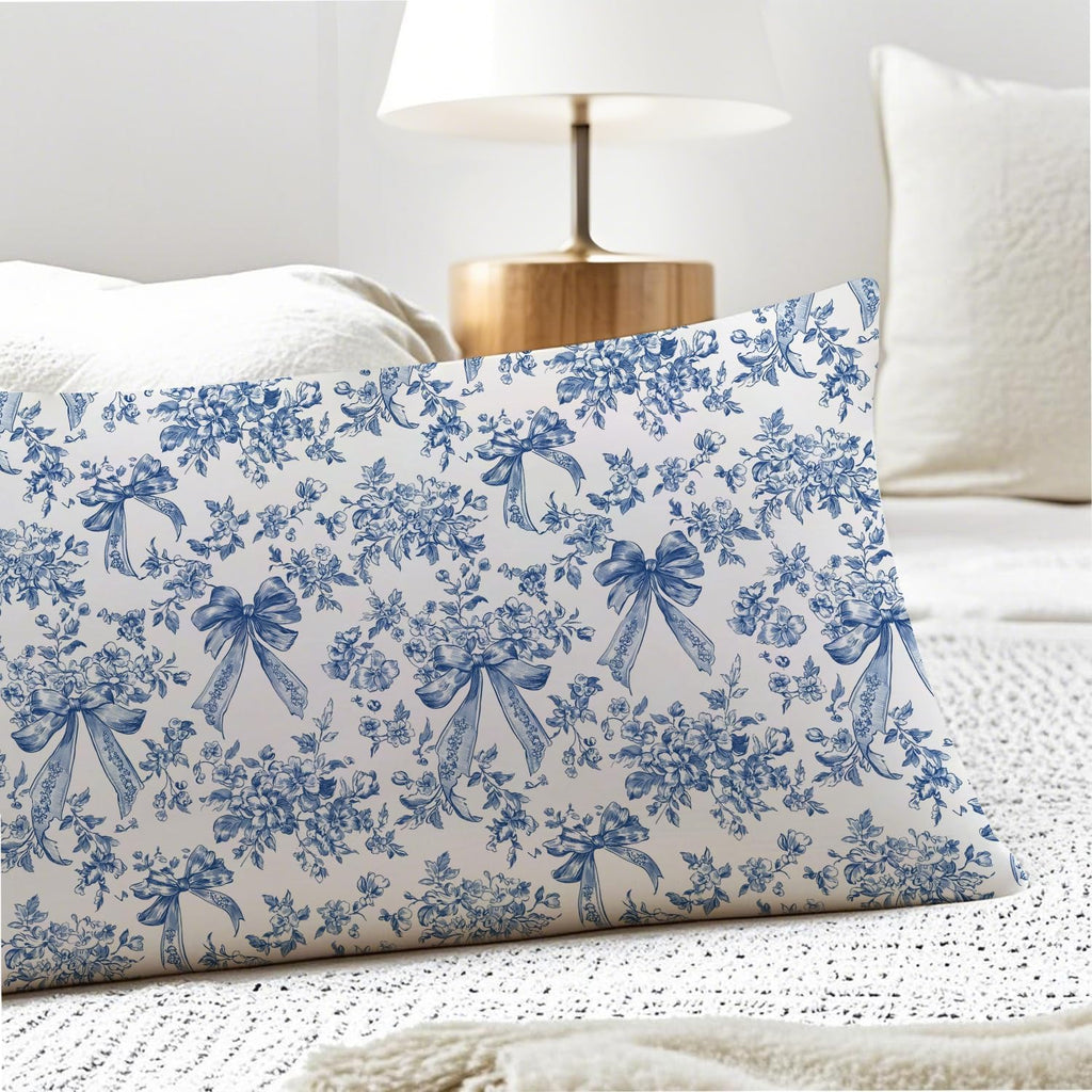Blue and White Chinoiserie Bow Floral 20x54 Body Pillow Cover, Coquette Room Decor Decor, Vintage French Country Grandmillennial…